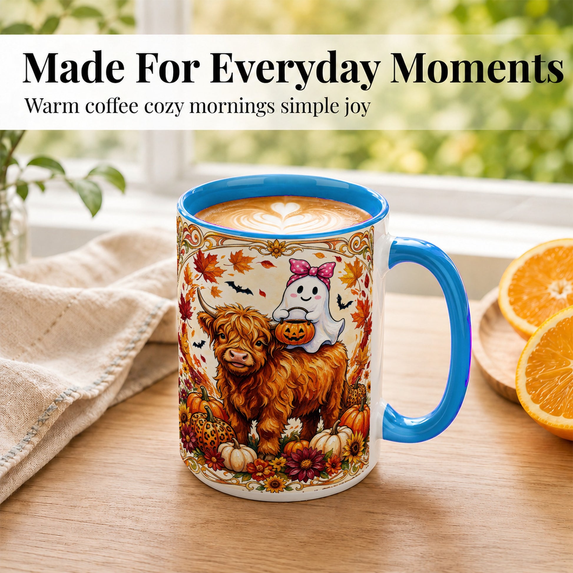 #pl[15oz|Blue] Highland Cow Ghost Coffee Mug, Pumpkin Cow Mug, Ceramic Cup