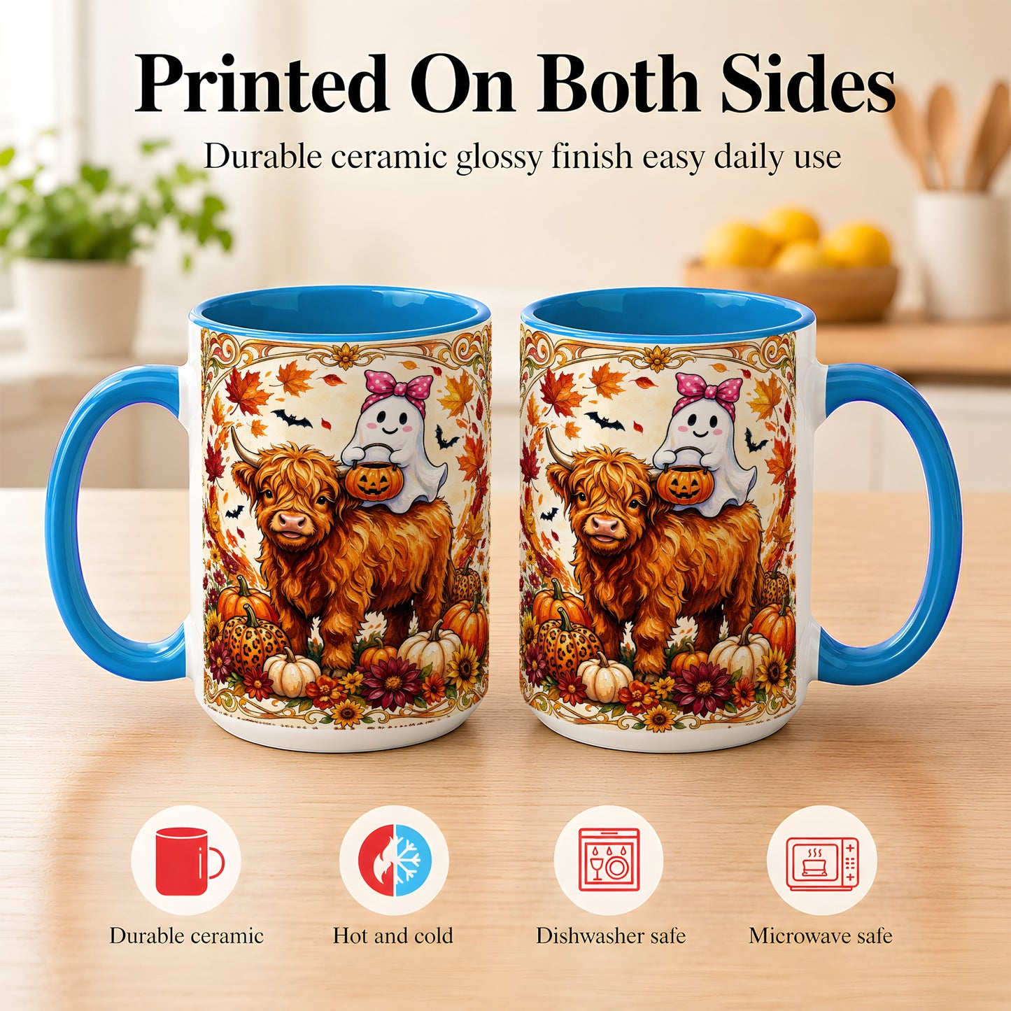 #pl[15oz|Blue] Highland Cow Ghost Coffee Mug, Pumpkin Cow Mug, Ceramic Cup
