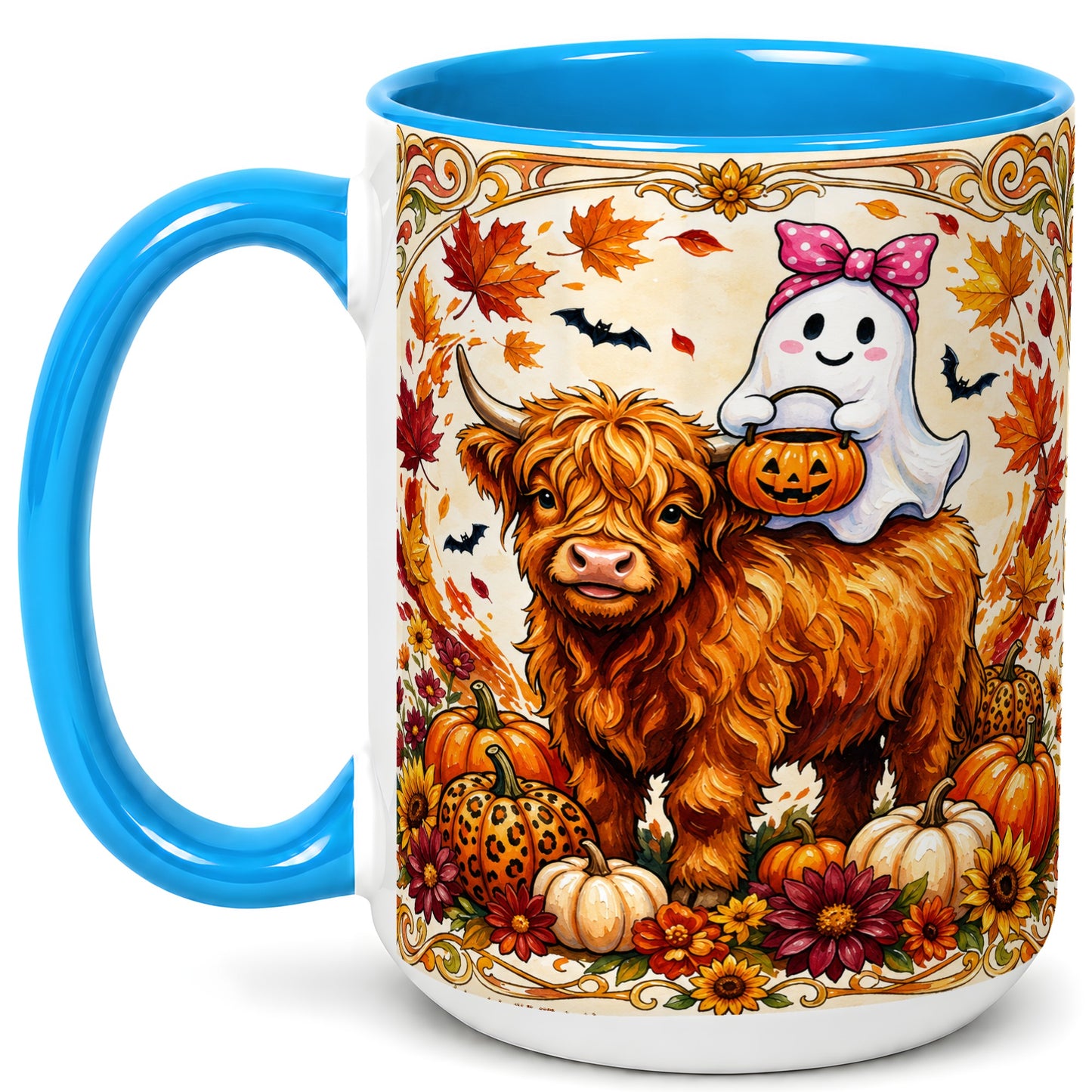 #pl[15oz|Blue] Highland Cow Ghost Coffee Mug, Pumpkin Cow Mug, Ceramic Cup