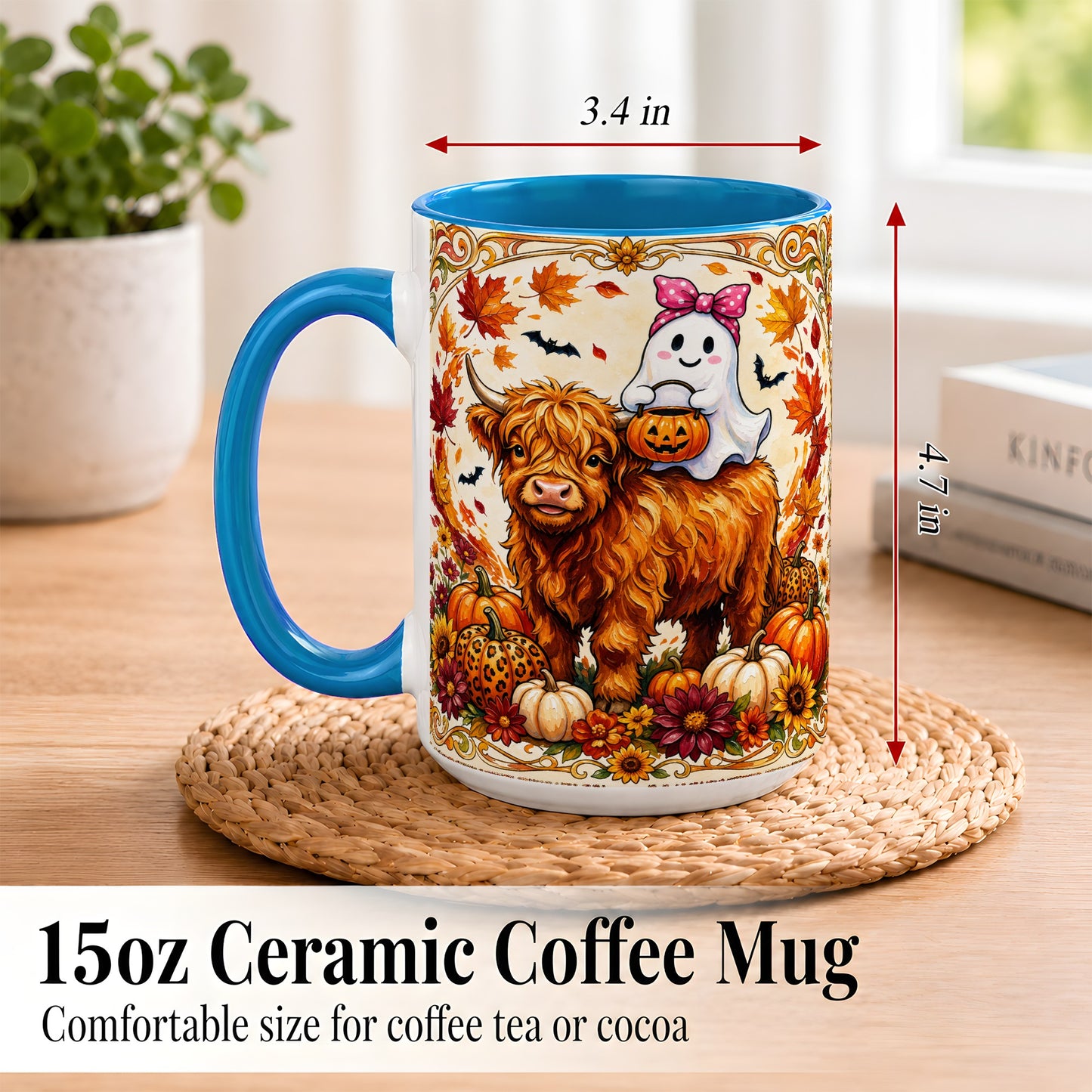 #pl[15oz|Blue] Highland Cow Ghost Coffee Mug, Pumpkin Cow Mug, Ceramic Cup