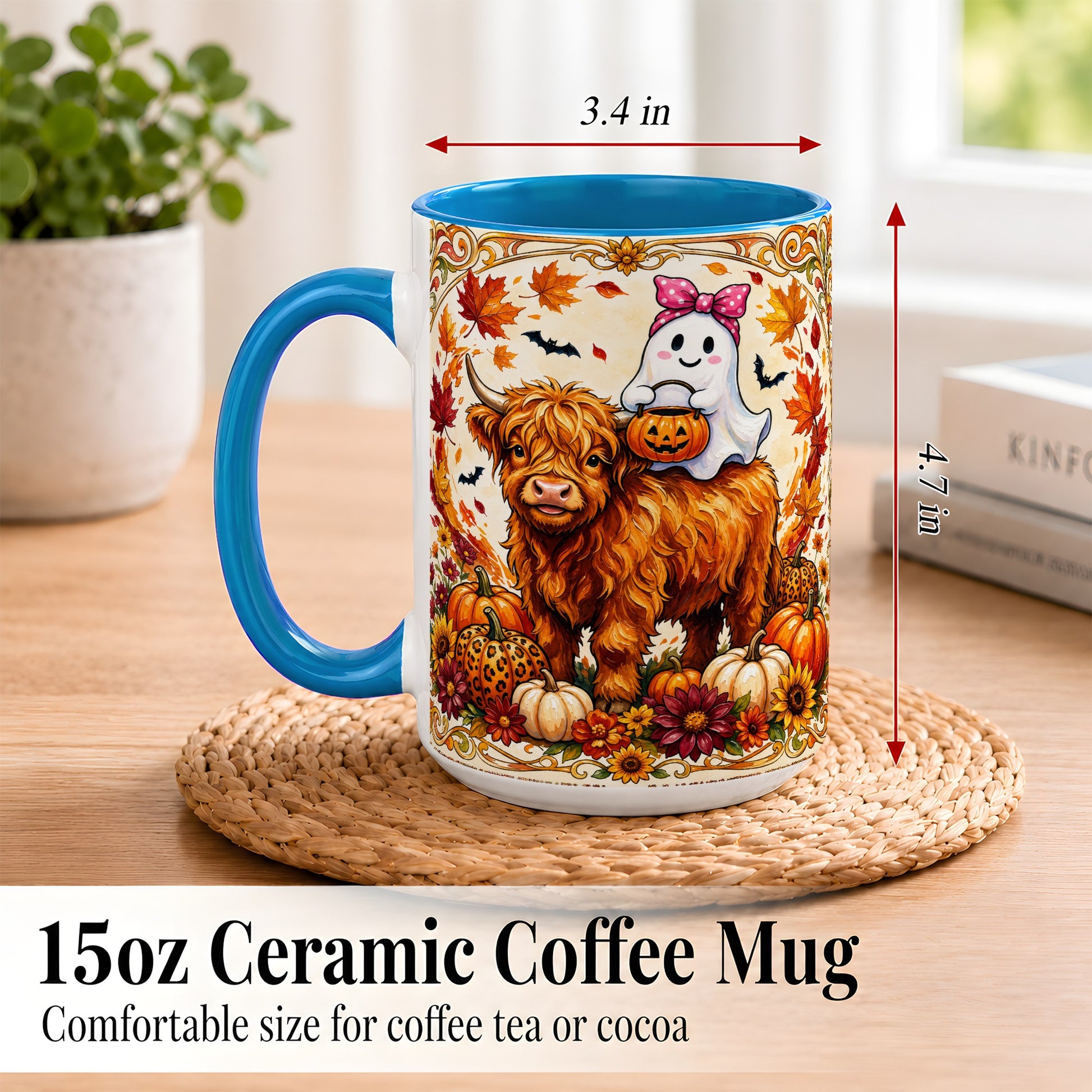 #pl[15oz|Blue] Highland Cow Ghost Coffee Mug, Pumpkin Cow Mug, Ceramic Cup