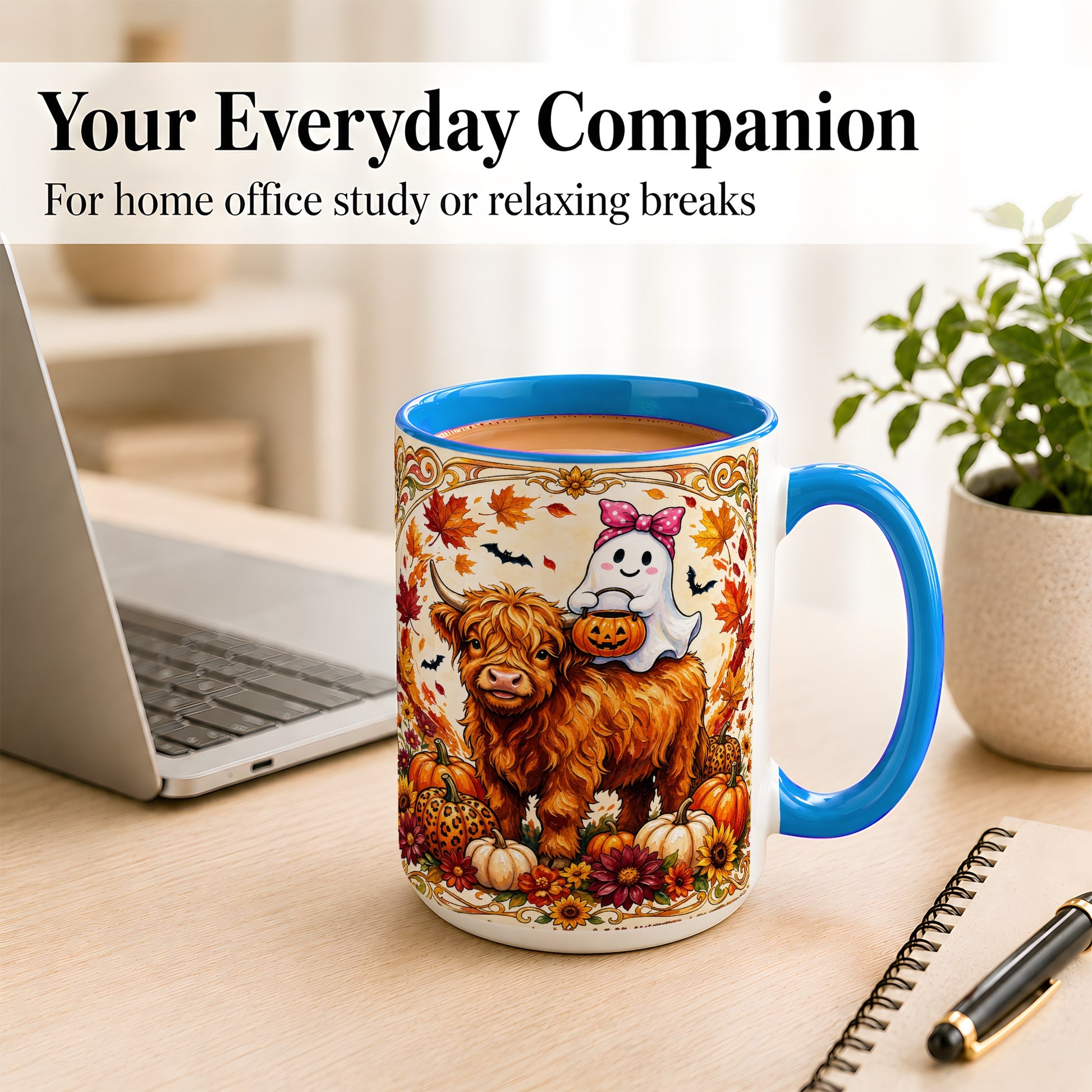 #pl[15oz|Blue] Highland Cow Ghost Coffee Mug, Pumpkin Cow Mug, Ceramic Cup