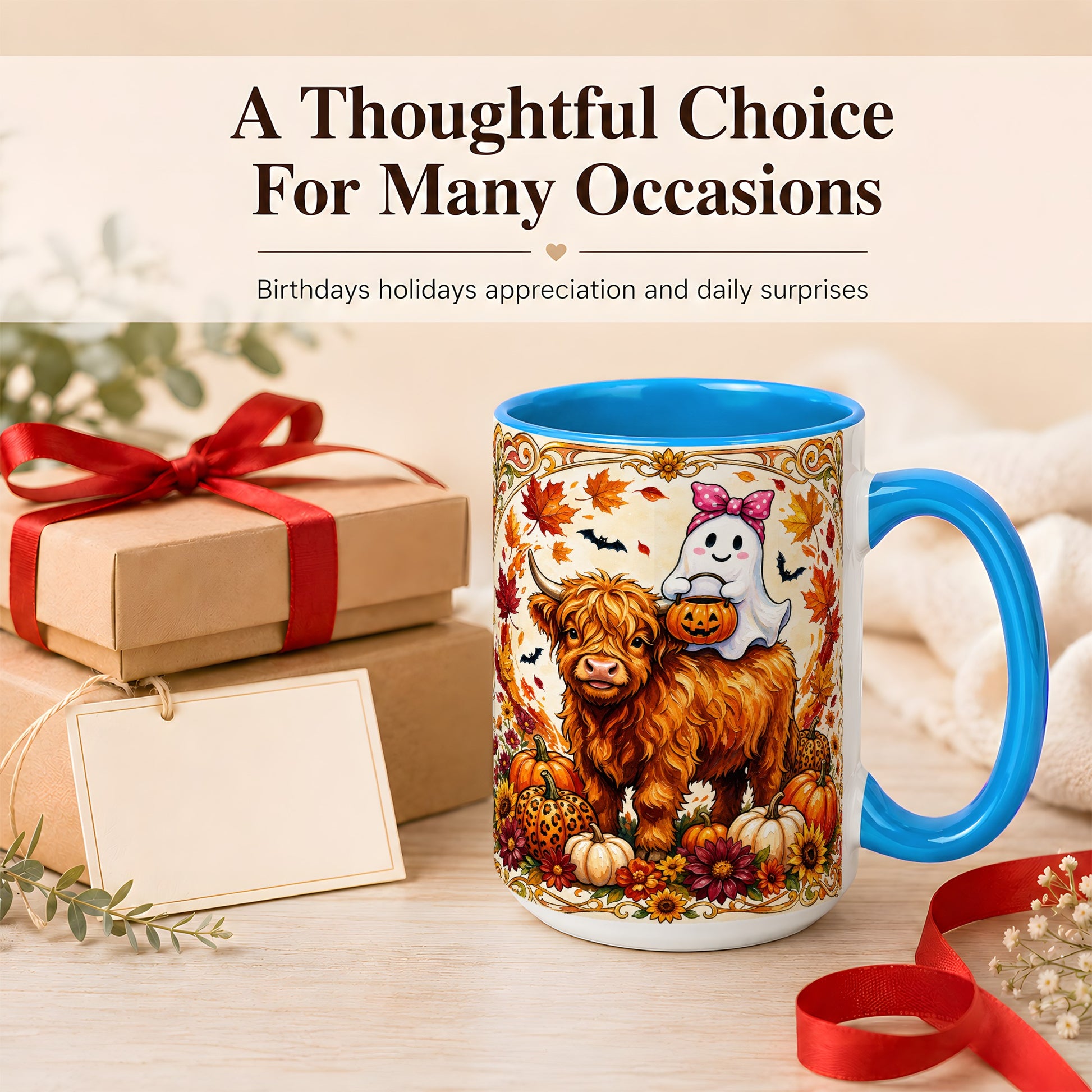 #pl[15oz|Blue] Highland Cow Ghost Coffee Mug, Pumpkin Cow Mug, Ceramic Cup