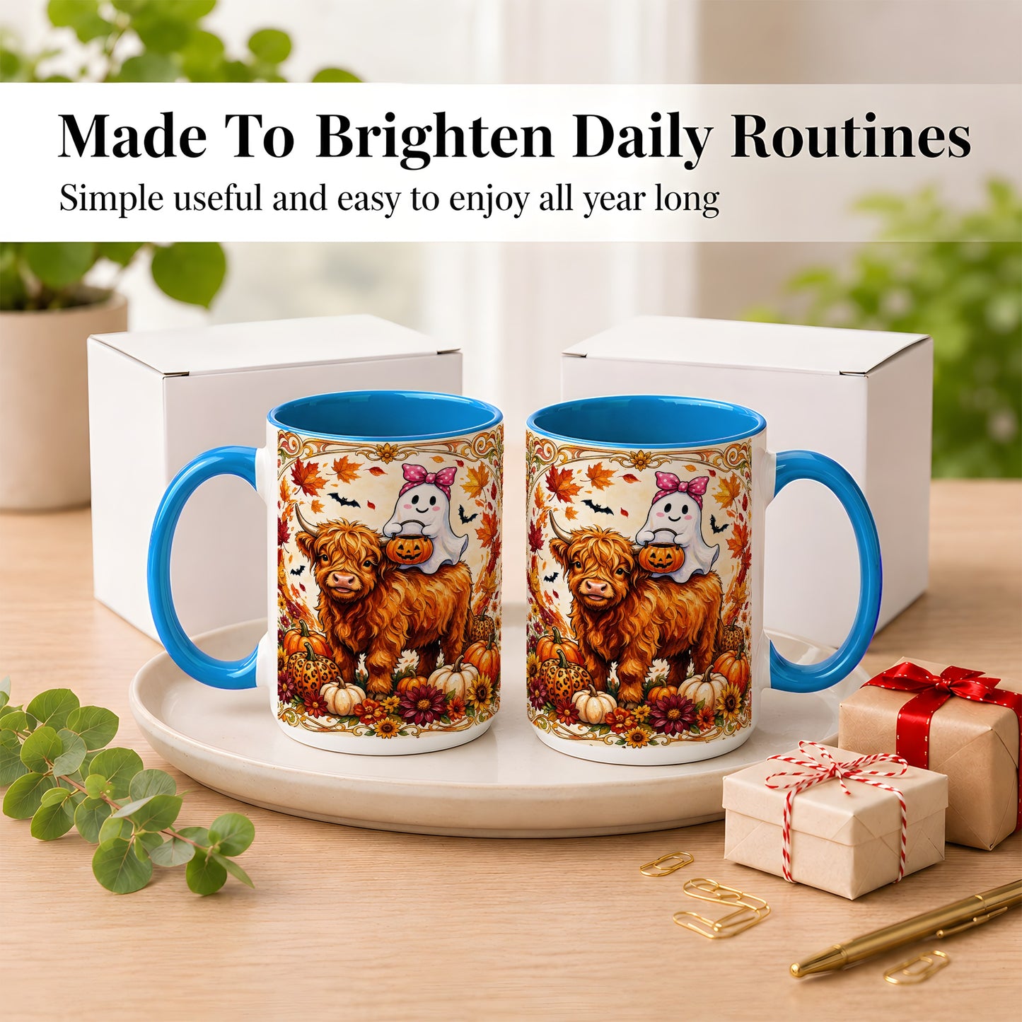 #pl[15oz|Blue] Highland Cow Ghost Coffee Mug, Pumpkin Cow Mug, Ceramic Cup