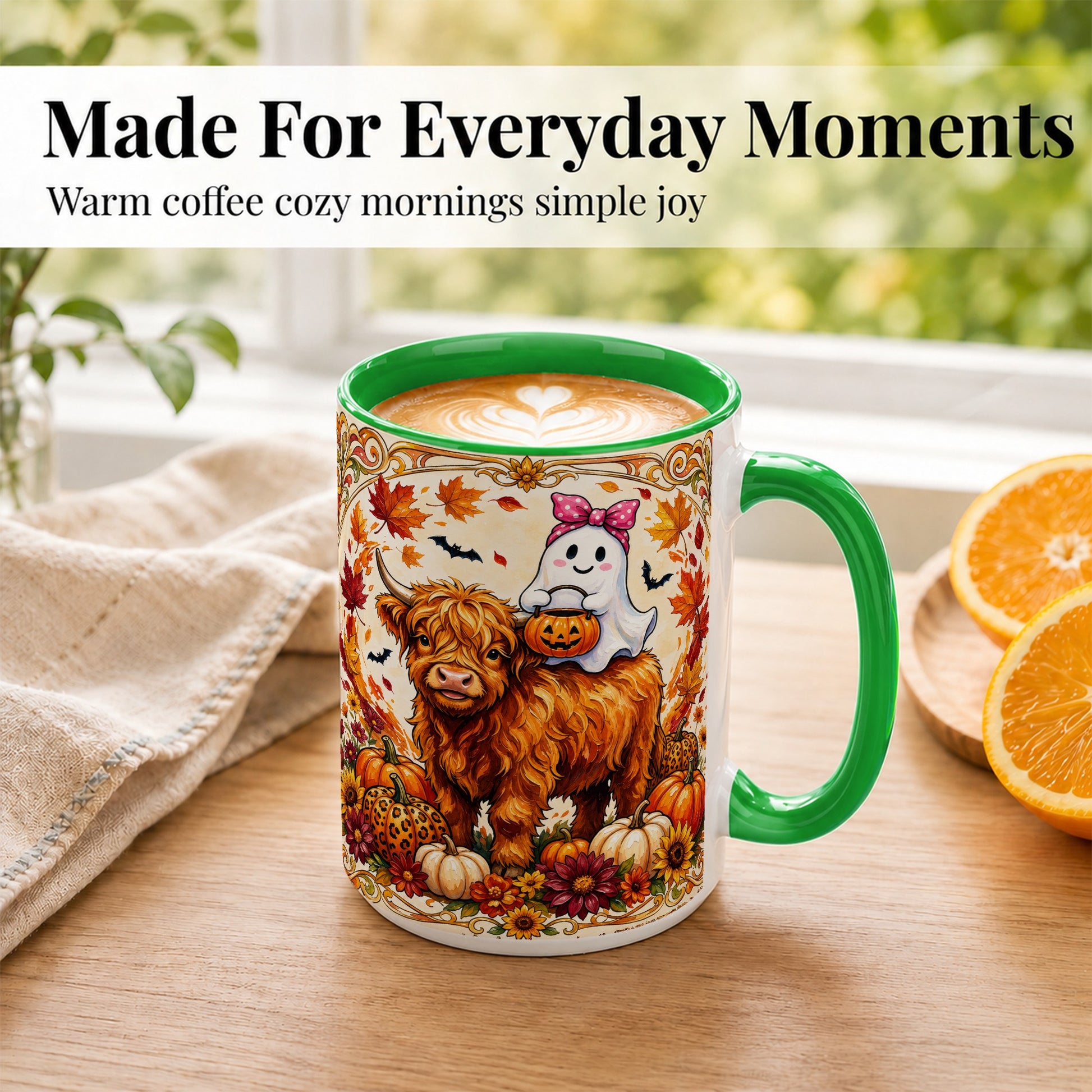 #pl[15oz|Green] Highland Cow Ghost Coffee Mug, Pumpkin Cow Mug, Ceramic Cup