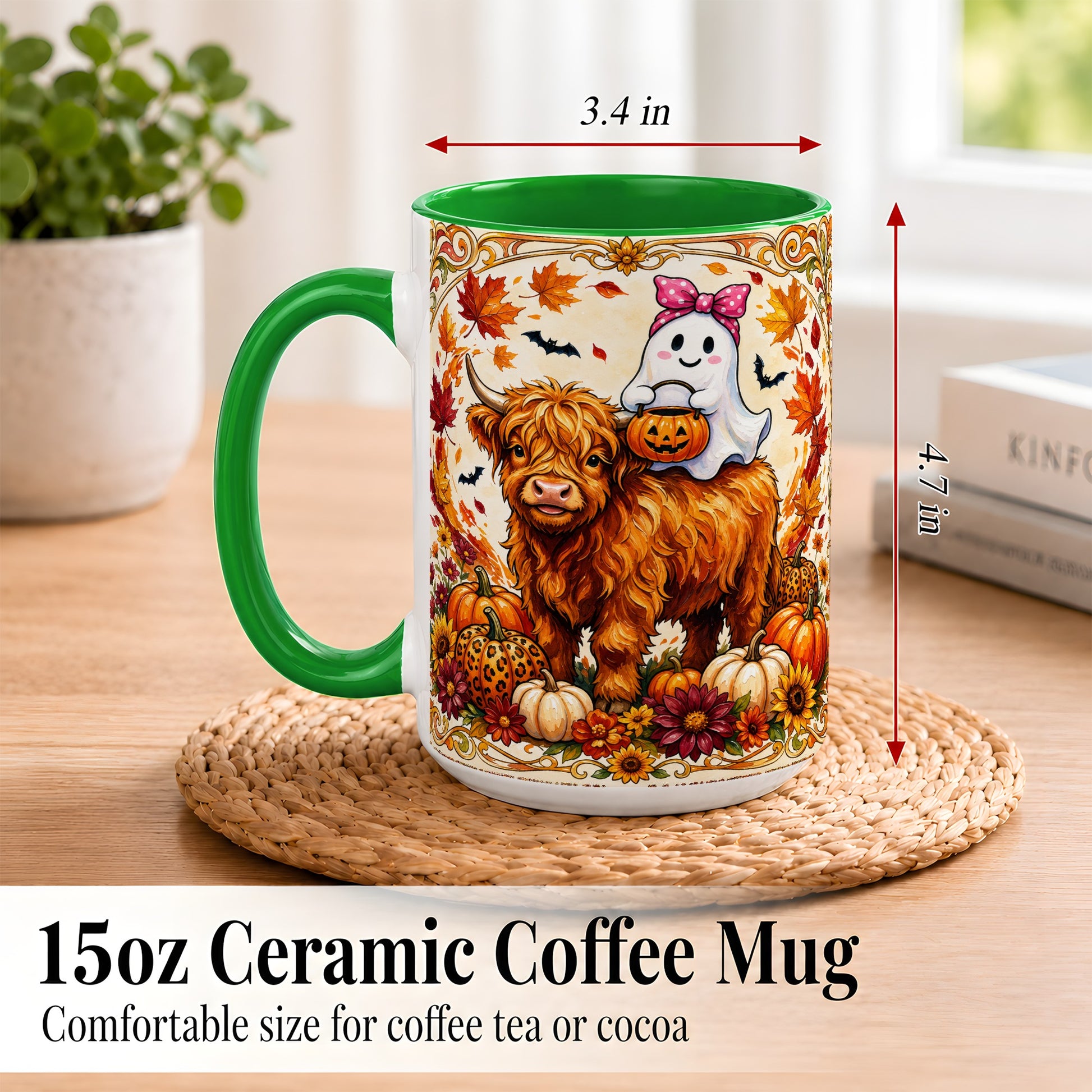 #pl[15oz|Green] Highland Cow Ghost Coffee Mug, Pumpkin Cow Mug, Ceramic Cup