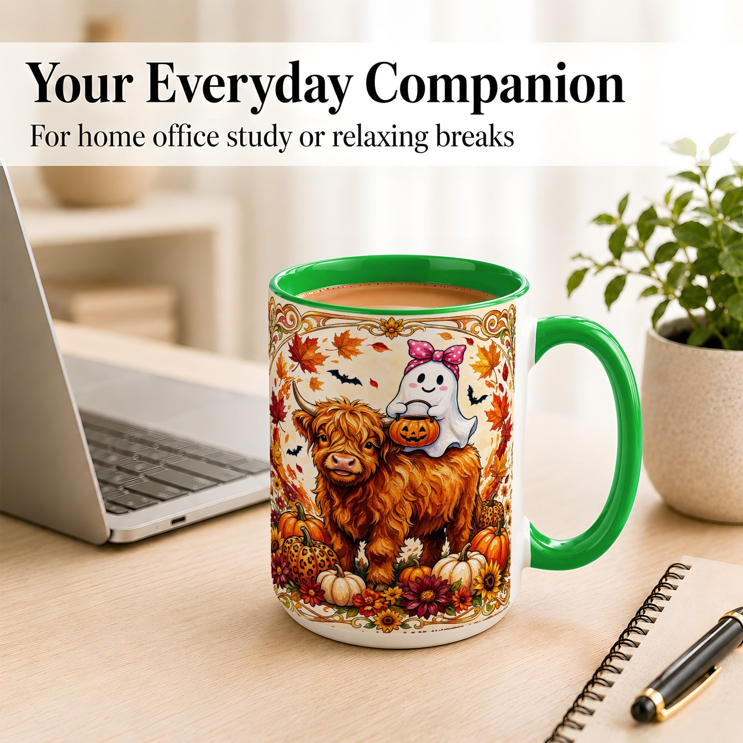 #pl[15oz|Green] Highland Cow Ghost Coffee Mug, Pumpkin Cow Mug, Ceramic Cup