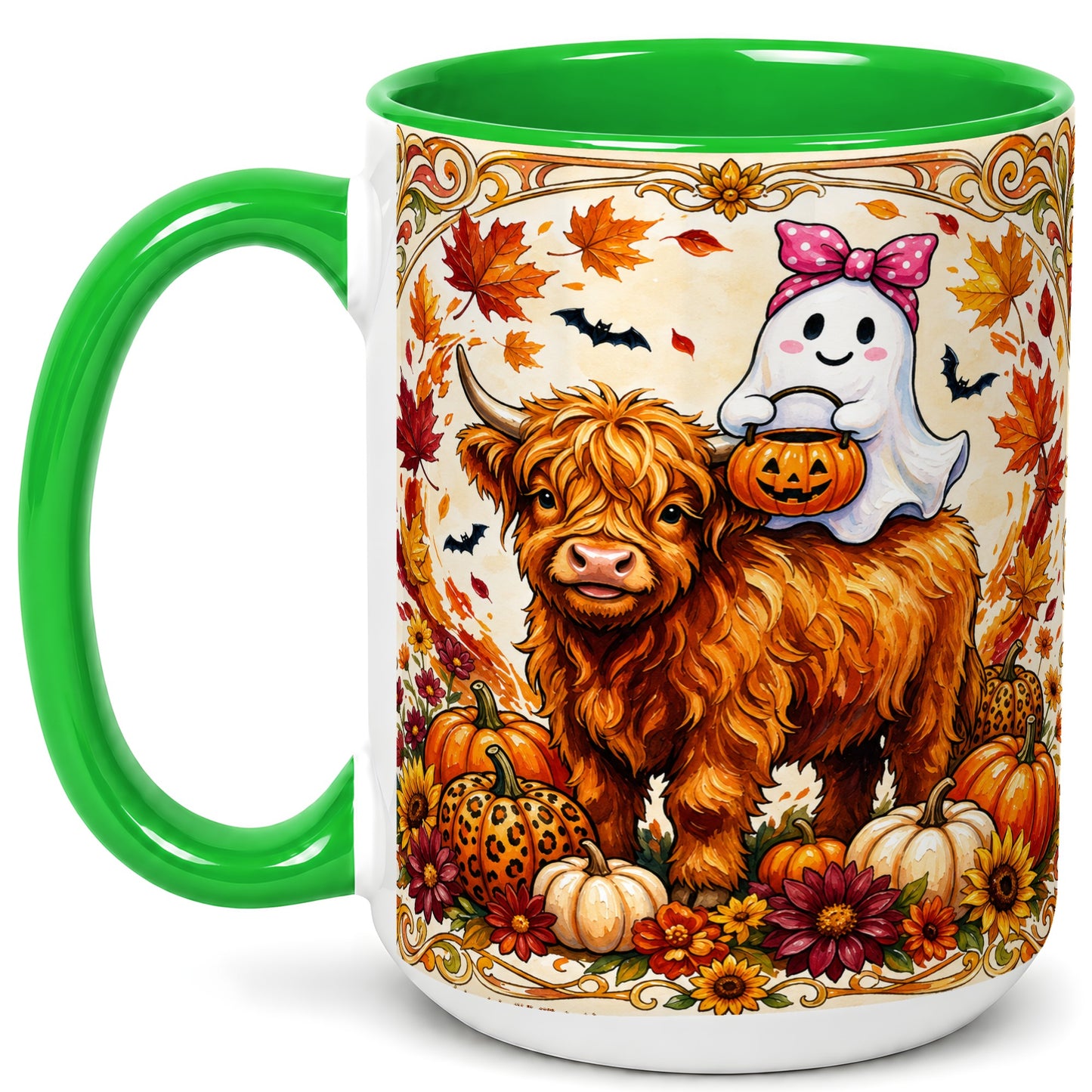 #pl[15oz|Green] Highland Cow Ghost Coffee Mug, Pumpkin Cow Mug, Ceramic Cup