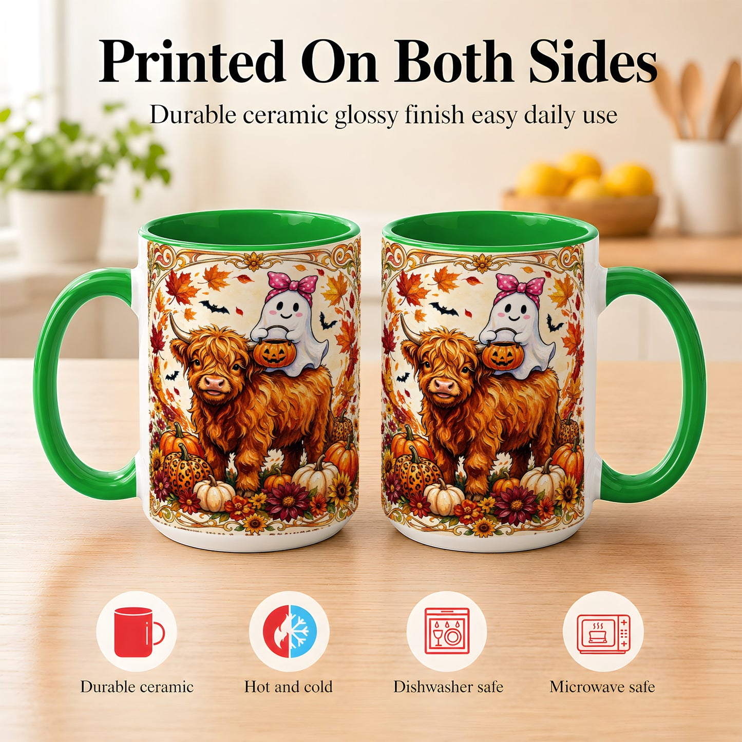 #pl[15oz|Green] Highland Cow Ghost Coffee Mug, Pumpkin Cow Mug, Ceramic Cup