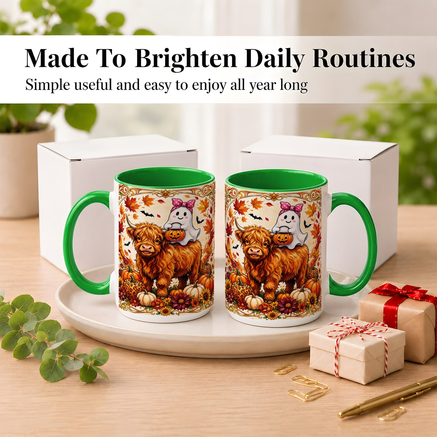 #pl[15oz|Green] Highland Cow Ghost Coffee Mug, Pumpkin Cow Mug, Ceramic Cup
