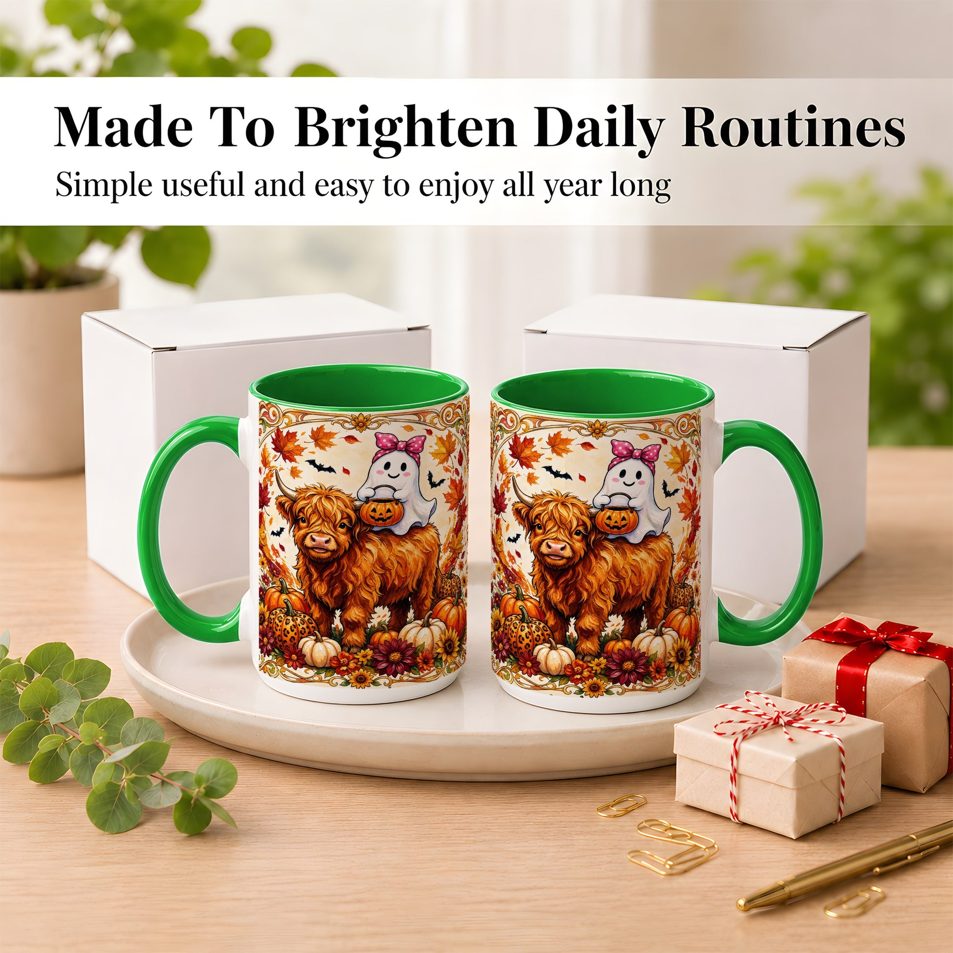 #pl[15oz|Green] Highland Cow Ghost Coffee Mug, Pumpkin Cow Mug, Ceramic Cup
