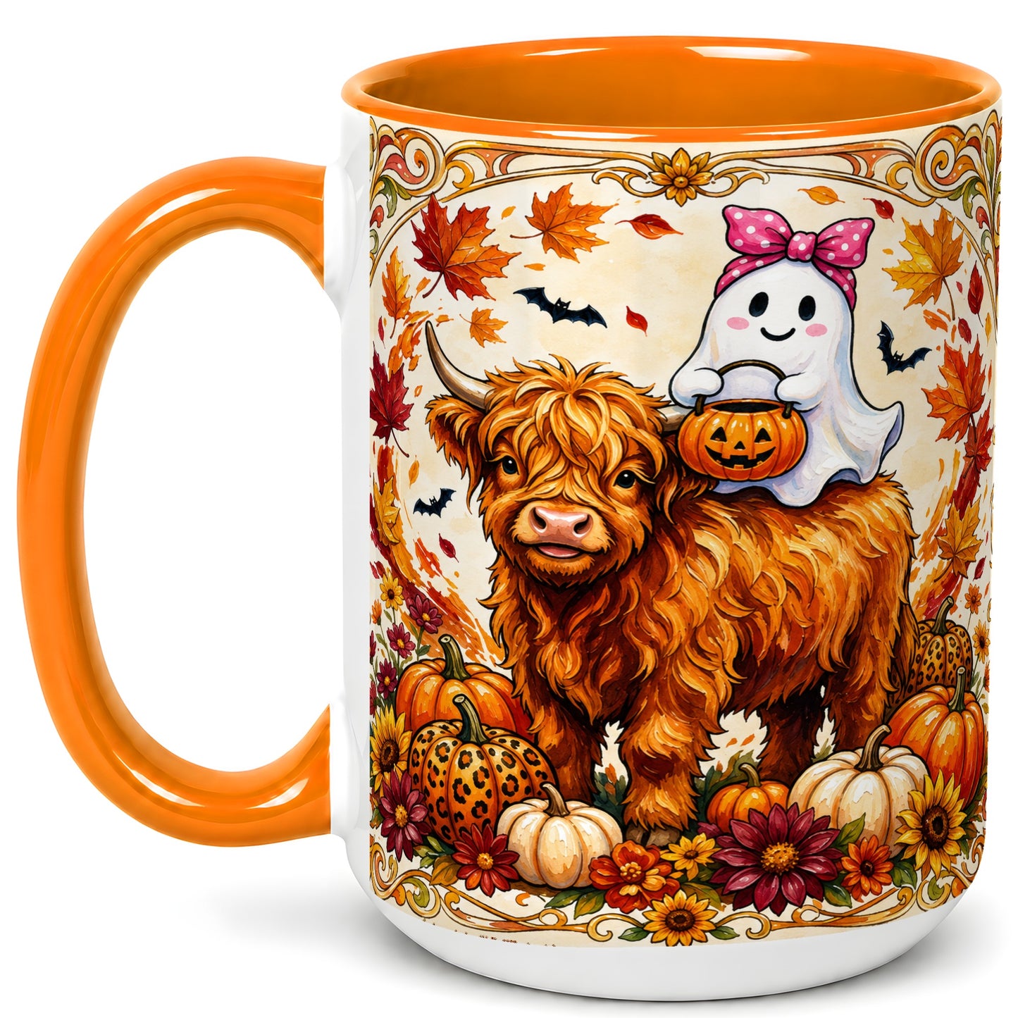 #pl[15oz|Orange] Highland Cow Ghost Coffee Mug, Pumpkin Cow Mug, Ceramic Cup