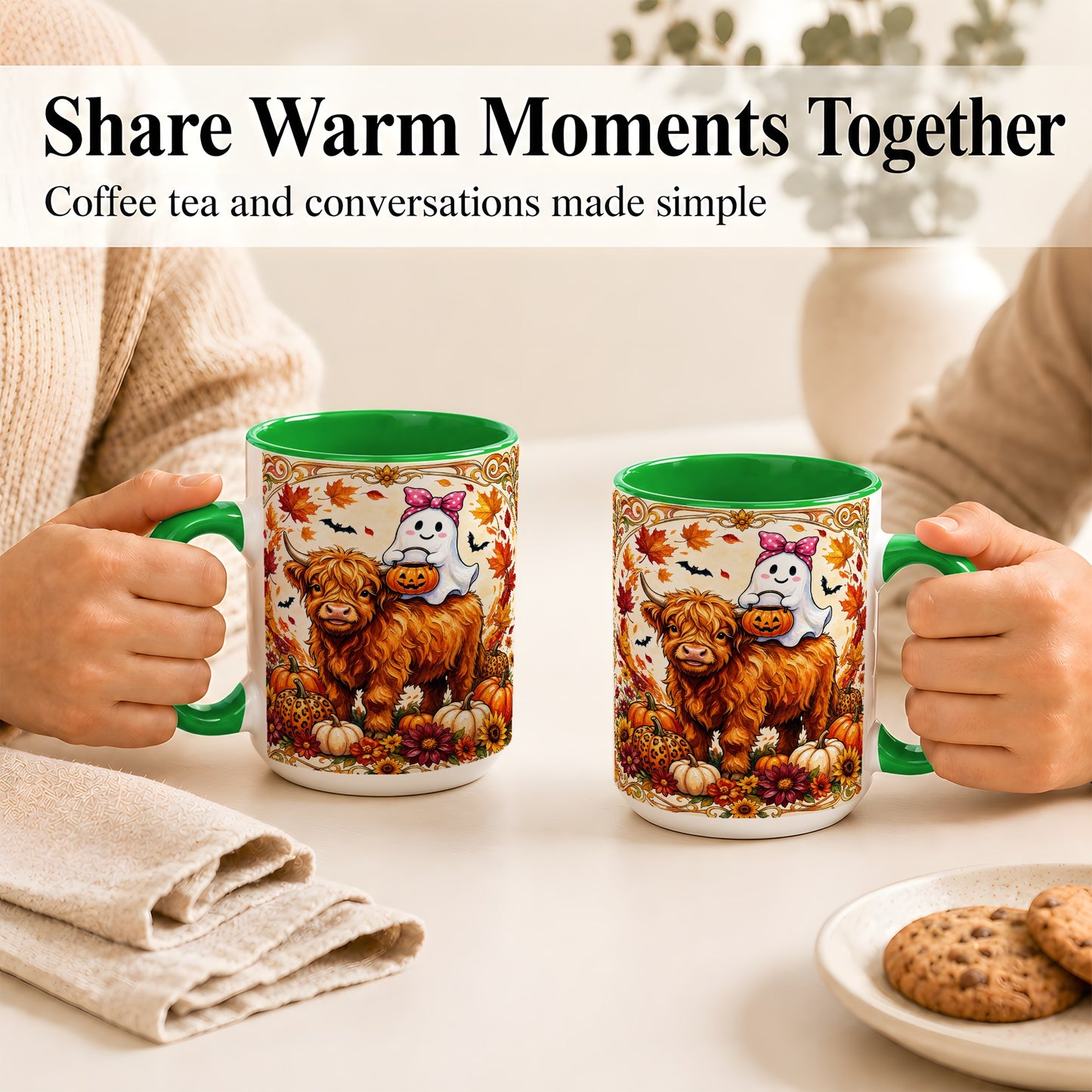 #pl[15oz|Green] Highland Cow Ghost Coffee Mug, Pumpkin Cow Mug, Ceramic Cup