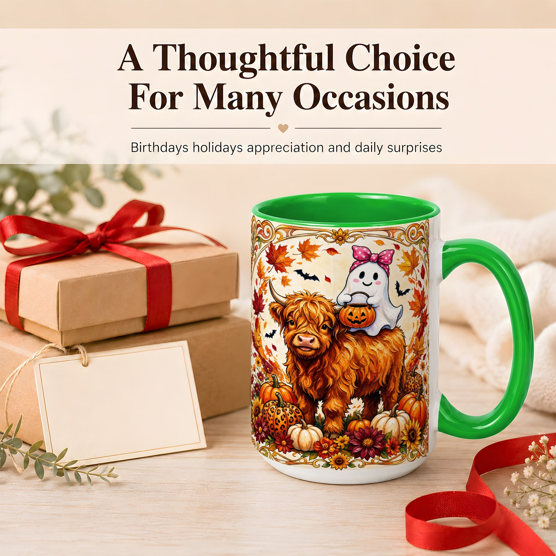 #pl[15oz|Green] Highland Cow Ghost Coffee Mug, Pumpkin Cow Mug, Ceramic Cup