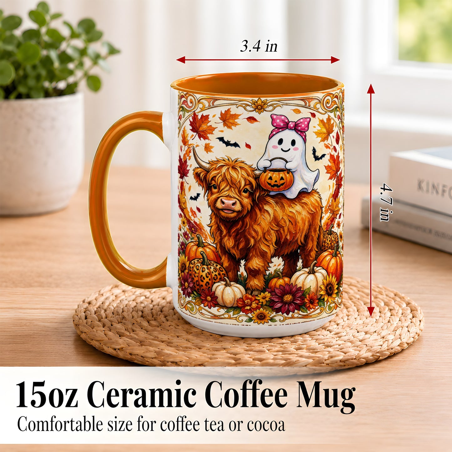 #pl[15oz|Orange] Highland Cow Ghost Coffee Mug, Pumpkin Cow Mug, Ceramic Cup