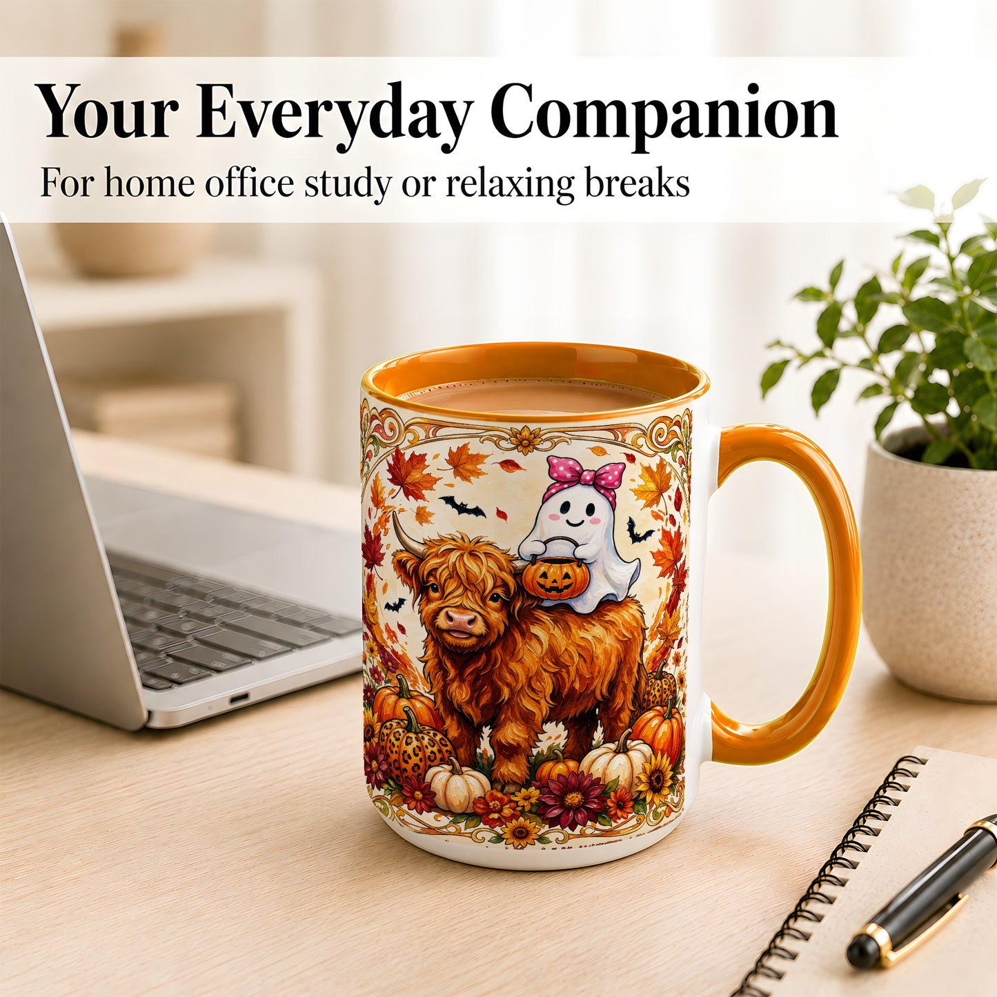 #pl[15oz|Orange] Highland Cow Ghost Coffee Mug, Pumpkin Cow Mug, Ceramic Cup