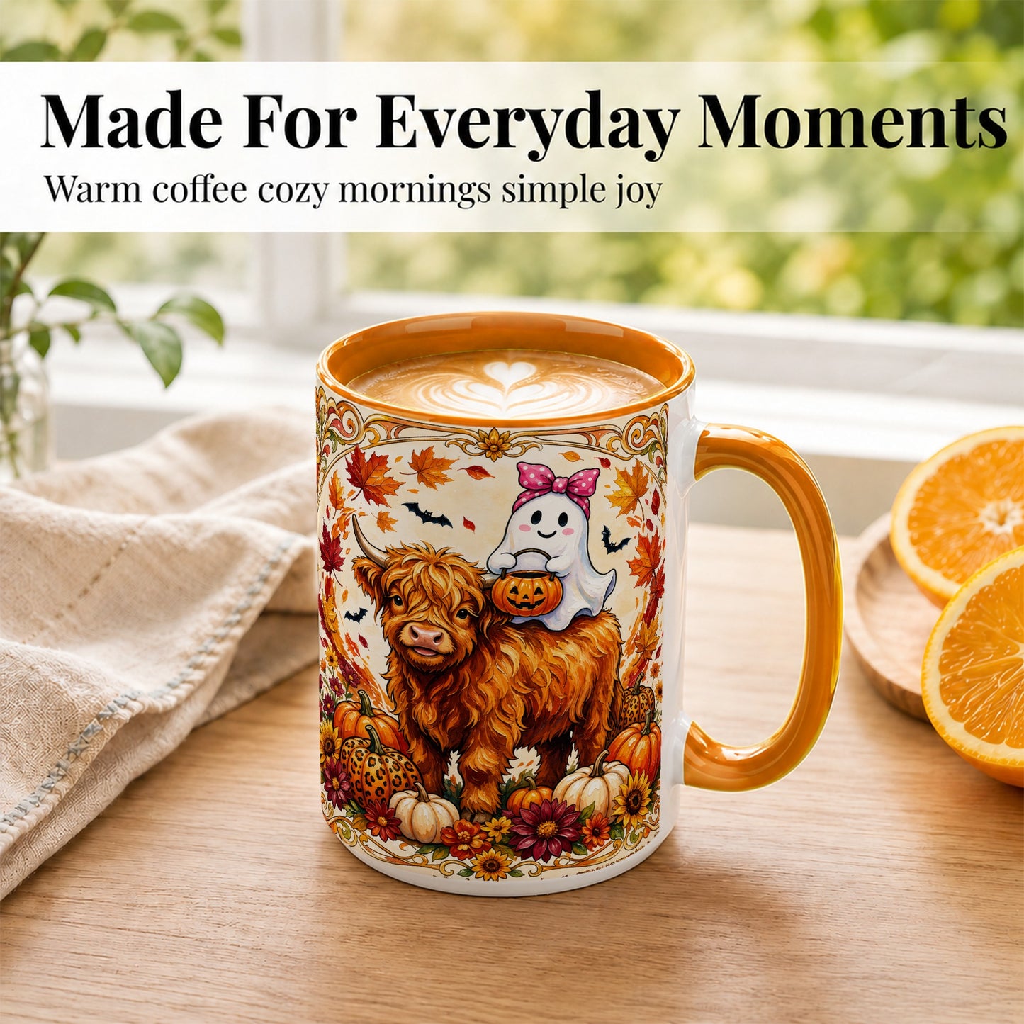 #pl[15oz|Orange] Highland Cow Ghost Coffee Mug, Pumpkin Cow Mug, Ceramic Cup