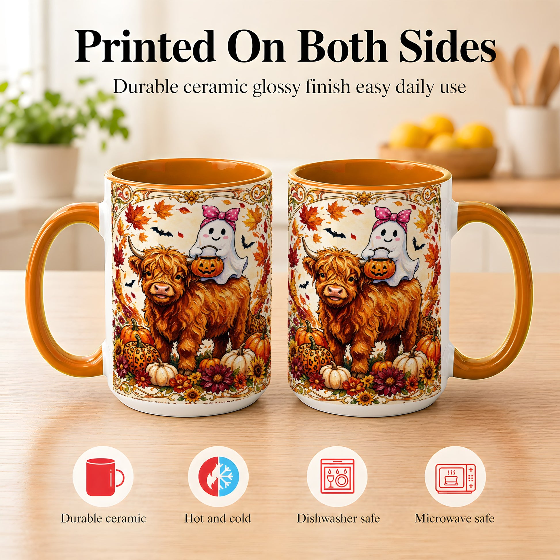 #pl[15oz|Orange] Highland Cow Ghost Coffee Mug, Pumpkin Cow Mug, Ceramic Cup