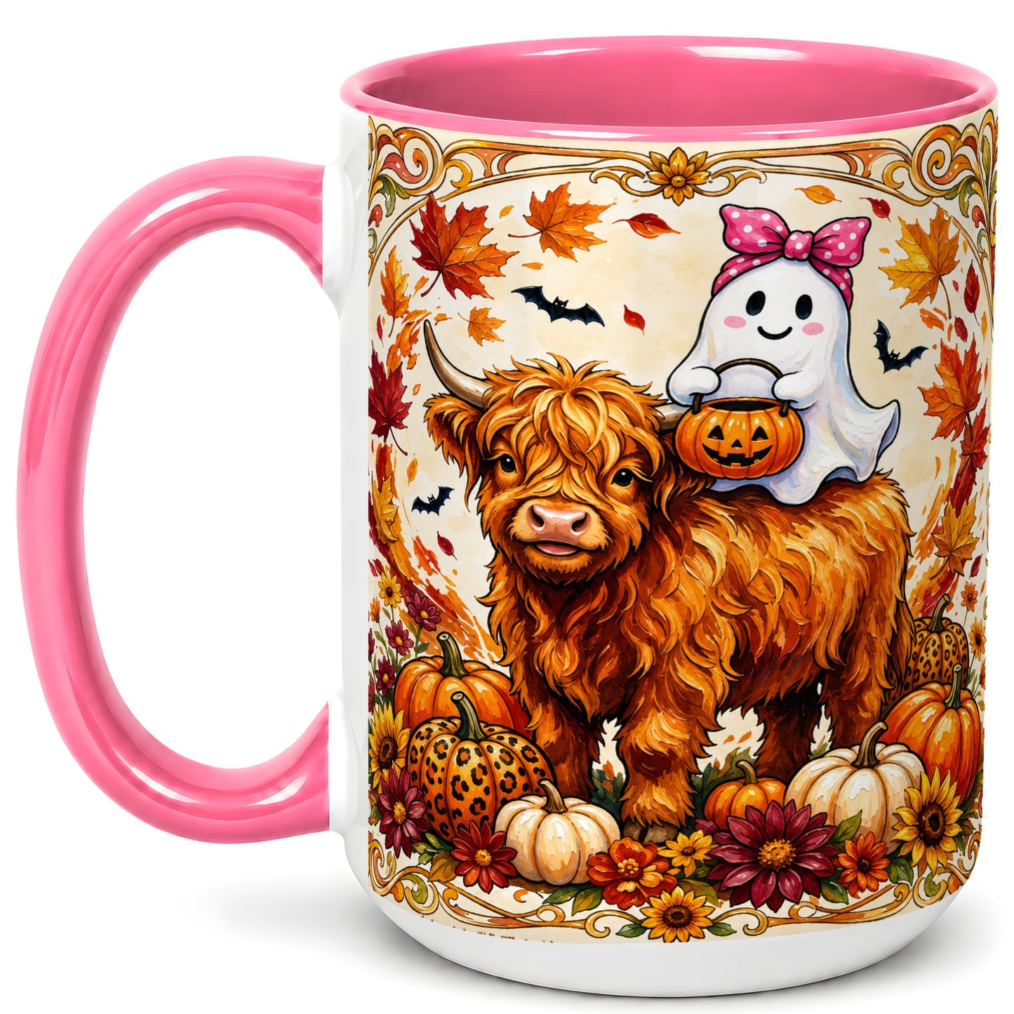 #pl[15oz|Pink] Highland Cow Ghost Coffee Mug, Pumpkin Cow Mug, Ceramic Cup