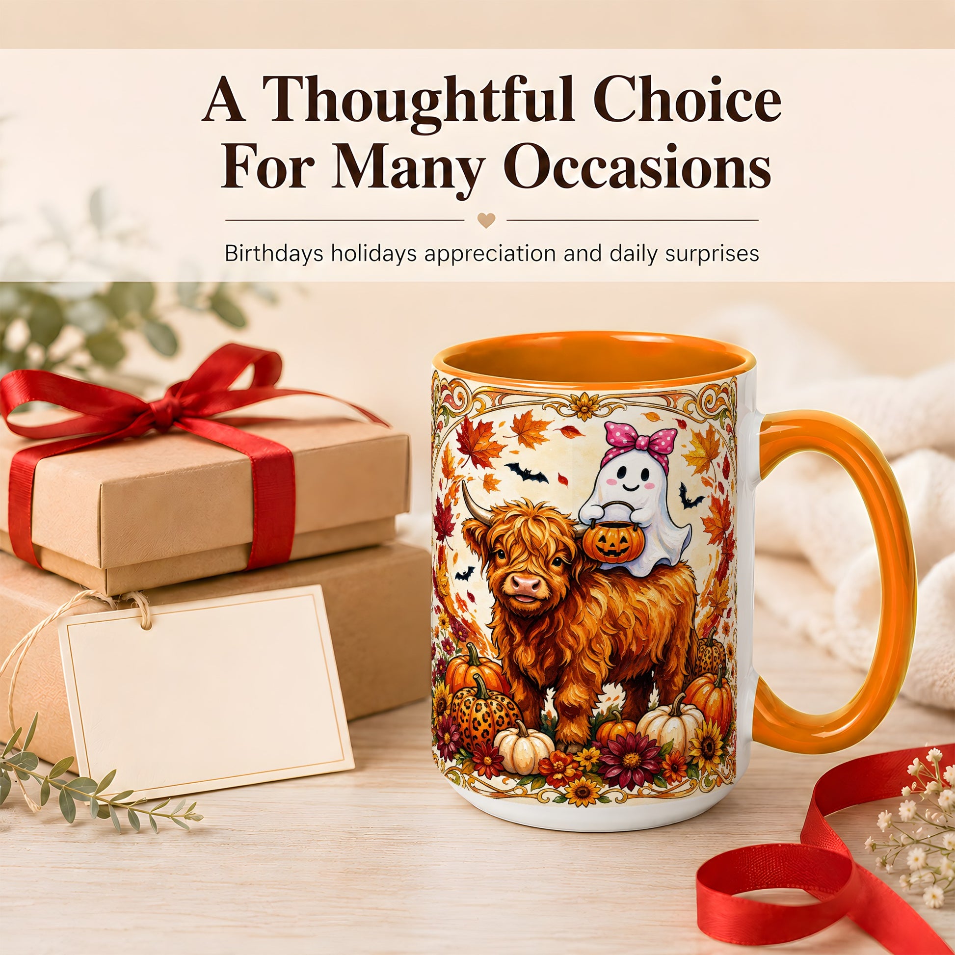 #pl[15oz|Orange] Highland Cow Ghost Coffee Mug, Pumpkin Cow Mug, Ceramic Cup