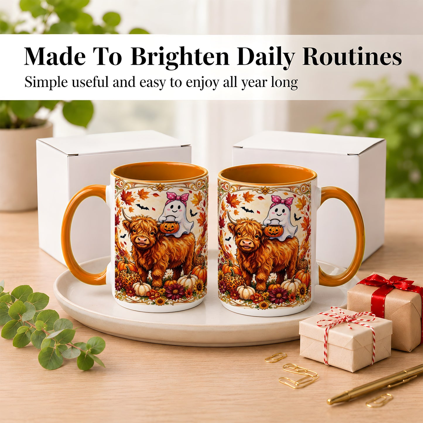 #pl[15oz|Orange] Highland Cow Ghost Coffee Mug, Pumpkin Cow Mug, Ceramic Cup