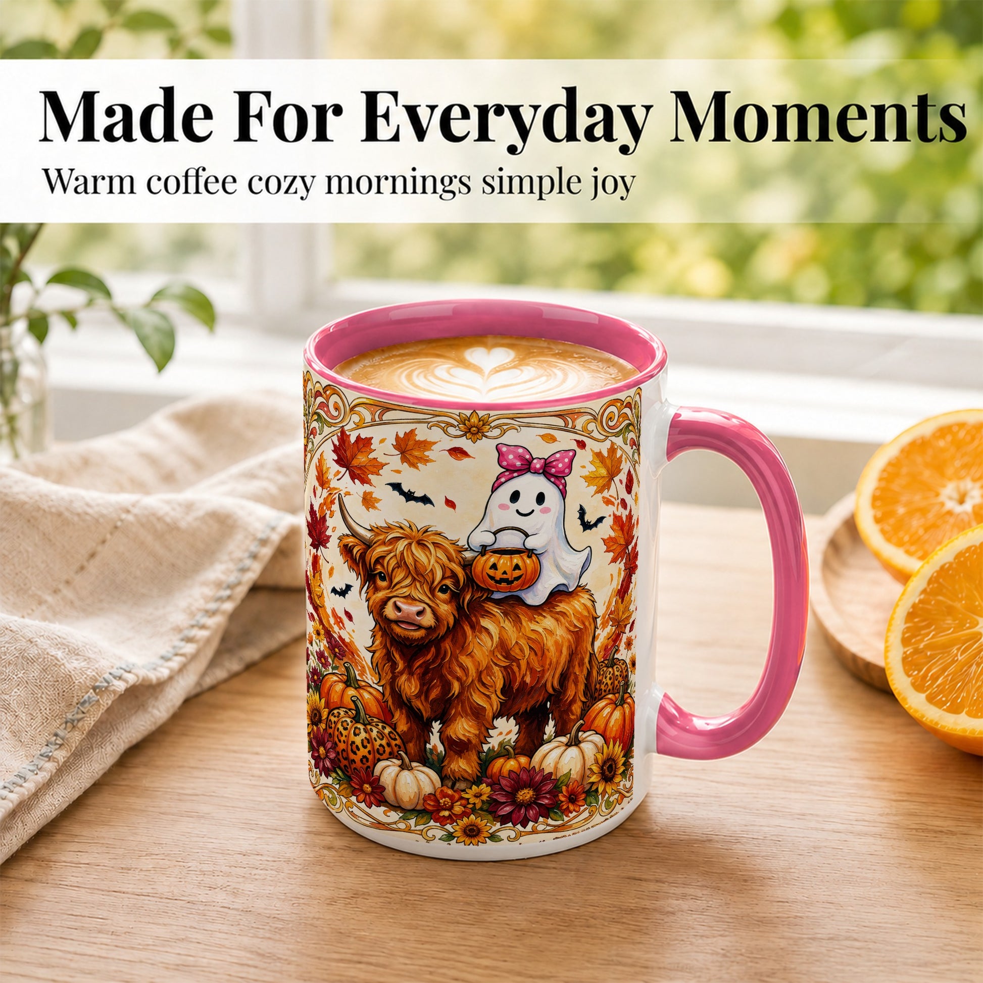 #pl[15oz|Pink] Highland Cow Ghost Coffee Mug, Pumpkin Cow Mug, Ceramic Cup