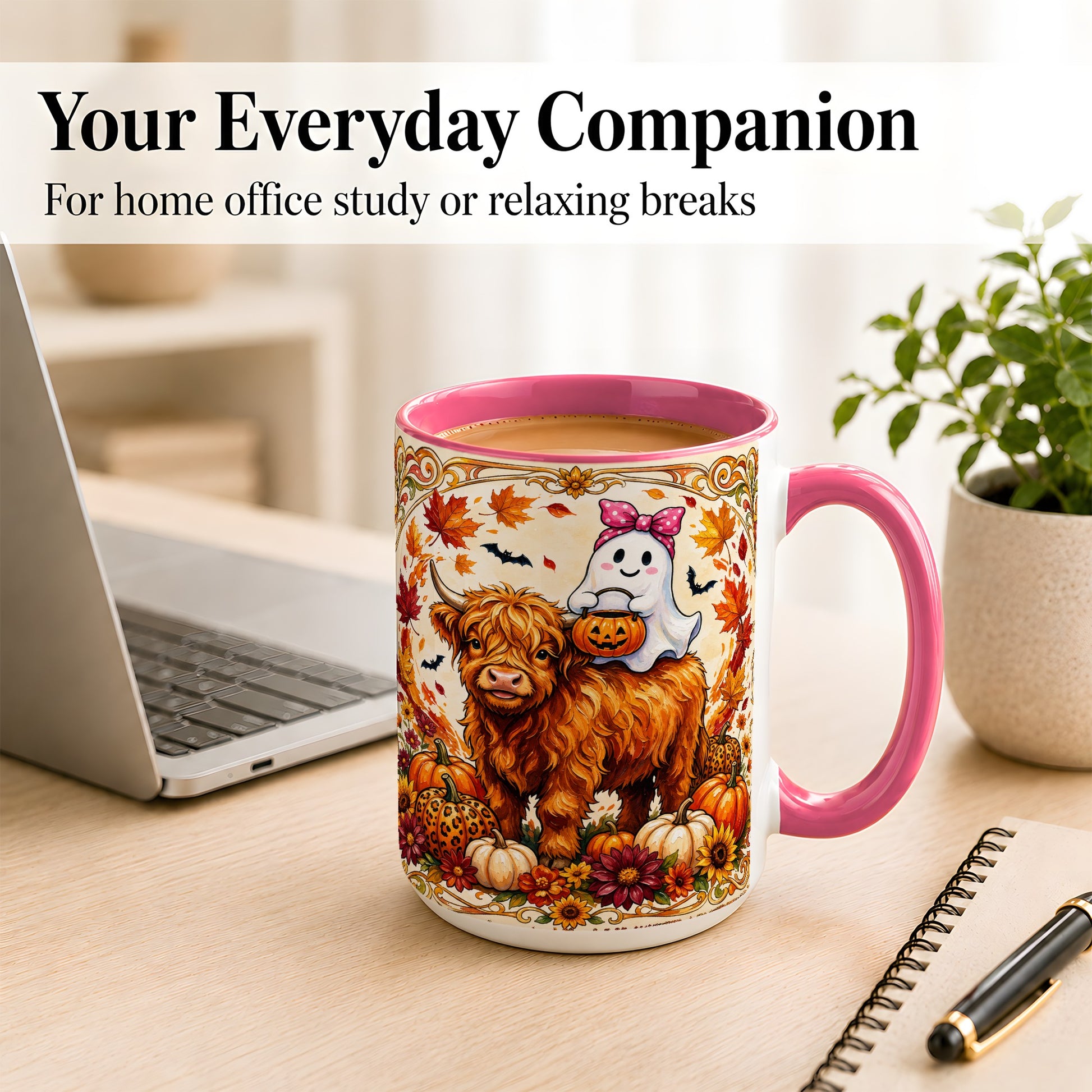 #pl[15oz|Pink] Highland Cow Ghost Coffee Mug, Pumpkin Cow Mug, Ceramic Cup