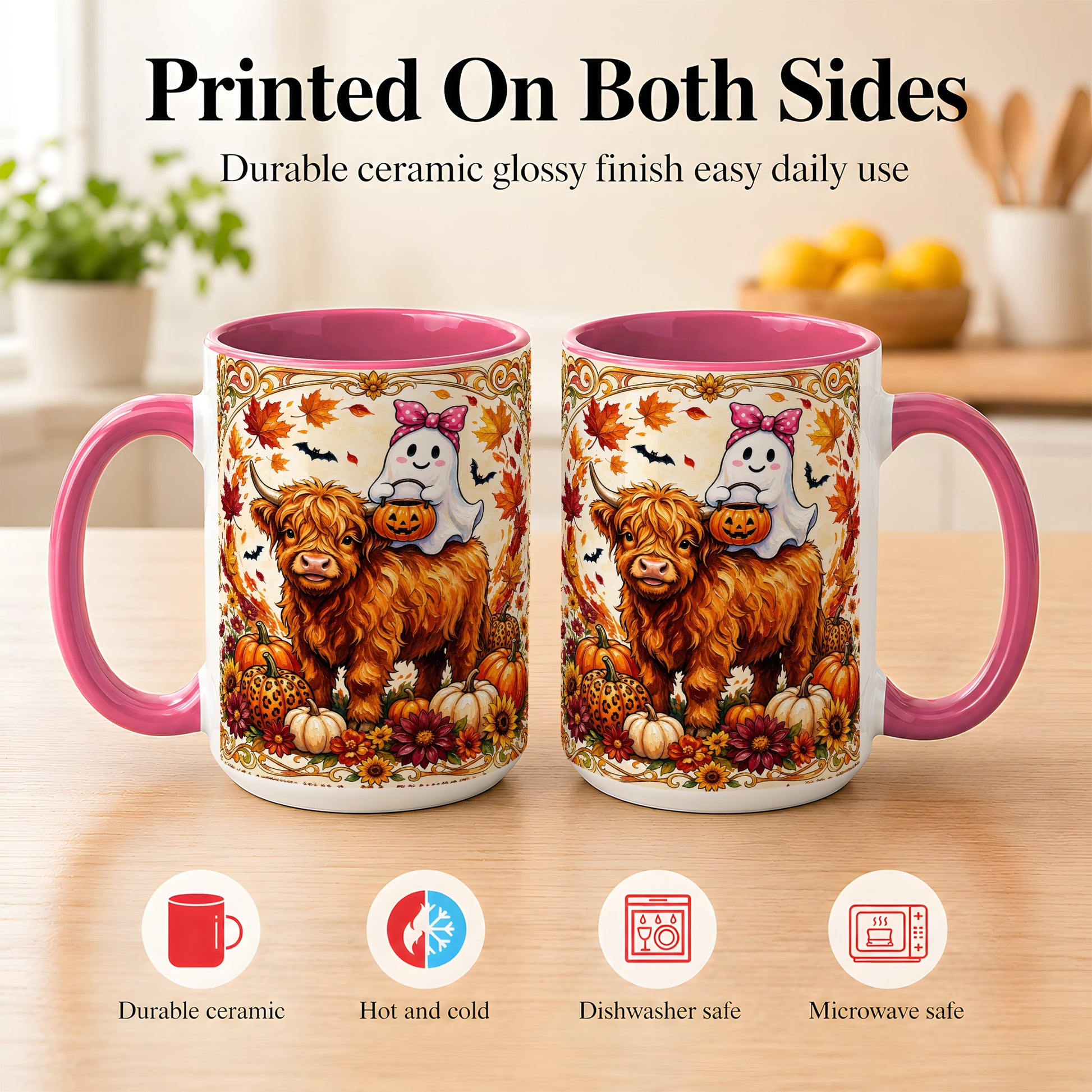 #pl[15oz|Pink] Highland Cow Ghost Coffee Mug, Pumpkin Cow Mug, Ceramic Cup