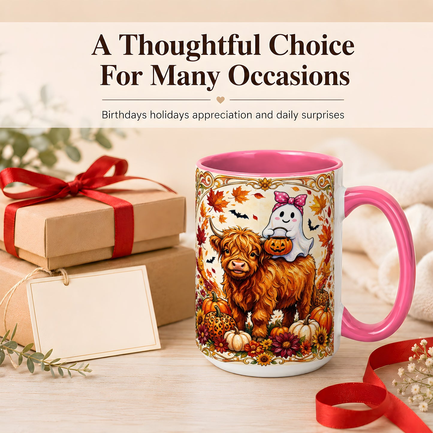 #pl[15oz|Pink] Highland Cow Ghost Coffee Mug, Pumpkin Cow Mug, Ceramic Cup
