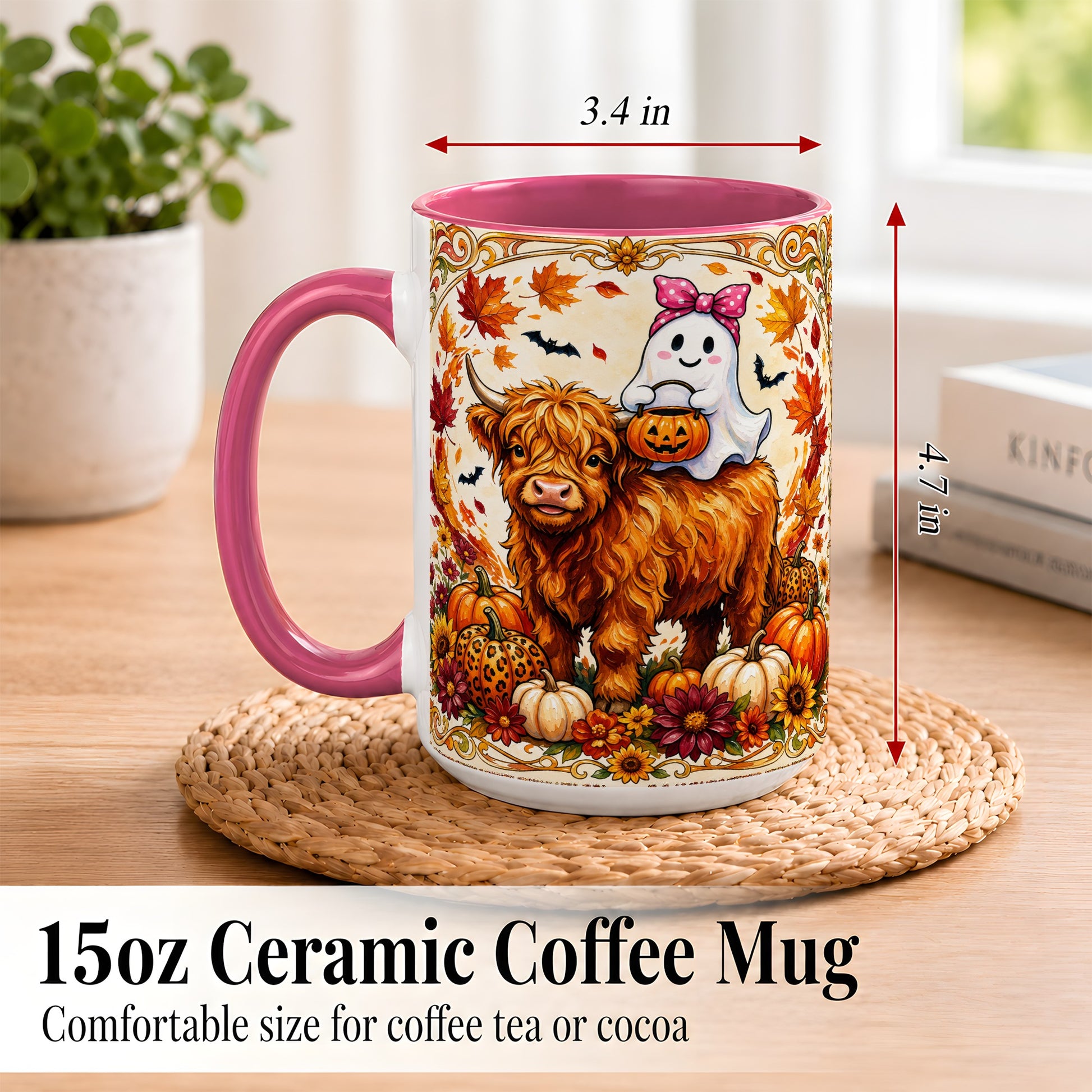 #pl[15oz|Pink] Highland Cow Ghost Coffee Mug, Pumpkin Cow Mug, Ceramic Cup