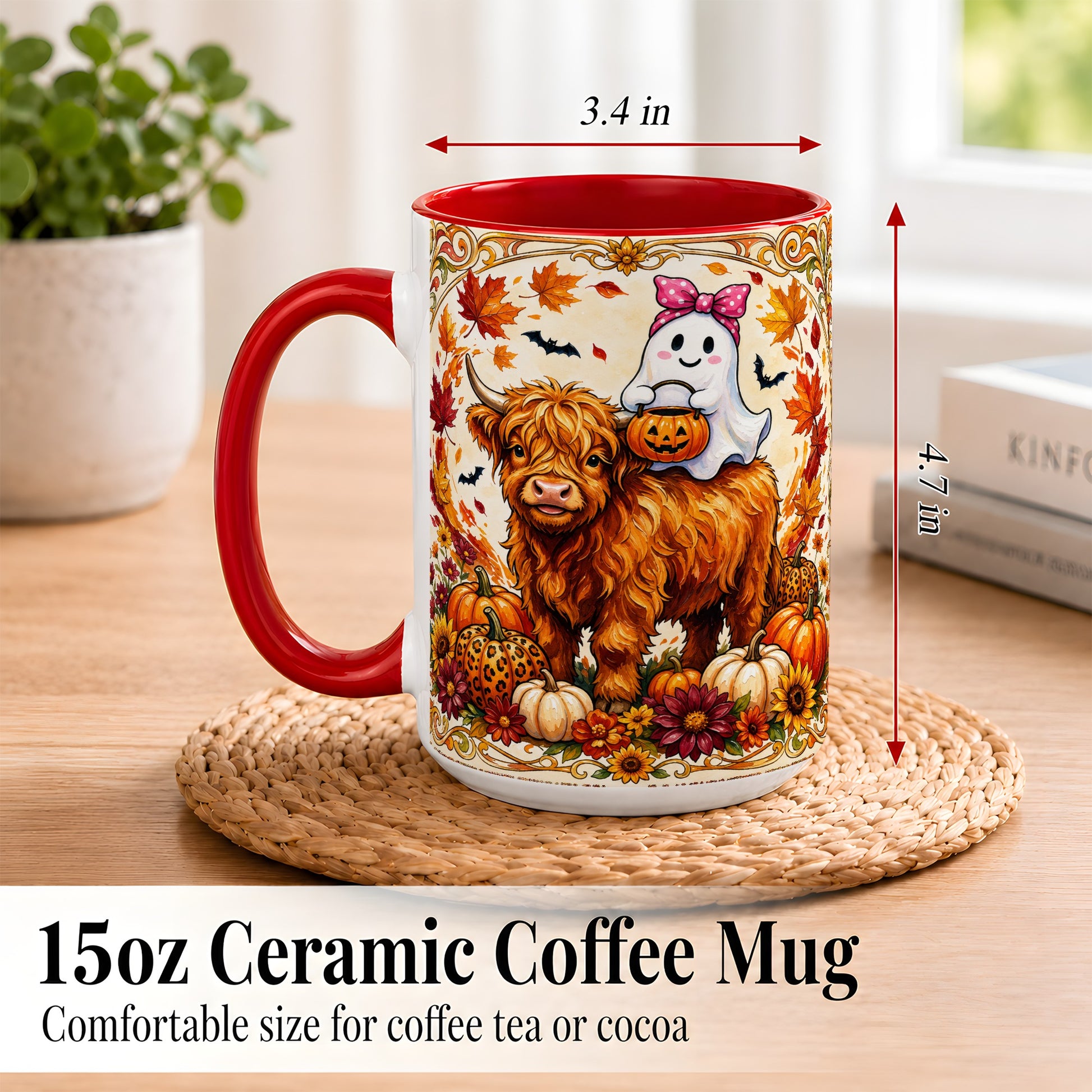 #pl[15oz|Red] Highland Cow Ghost Coffee Mug, Pumpkin Cow Mug, Ceramic Cup