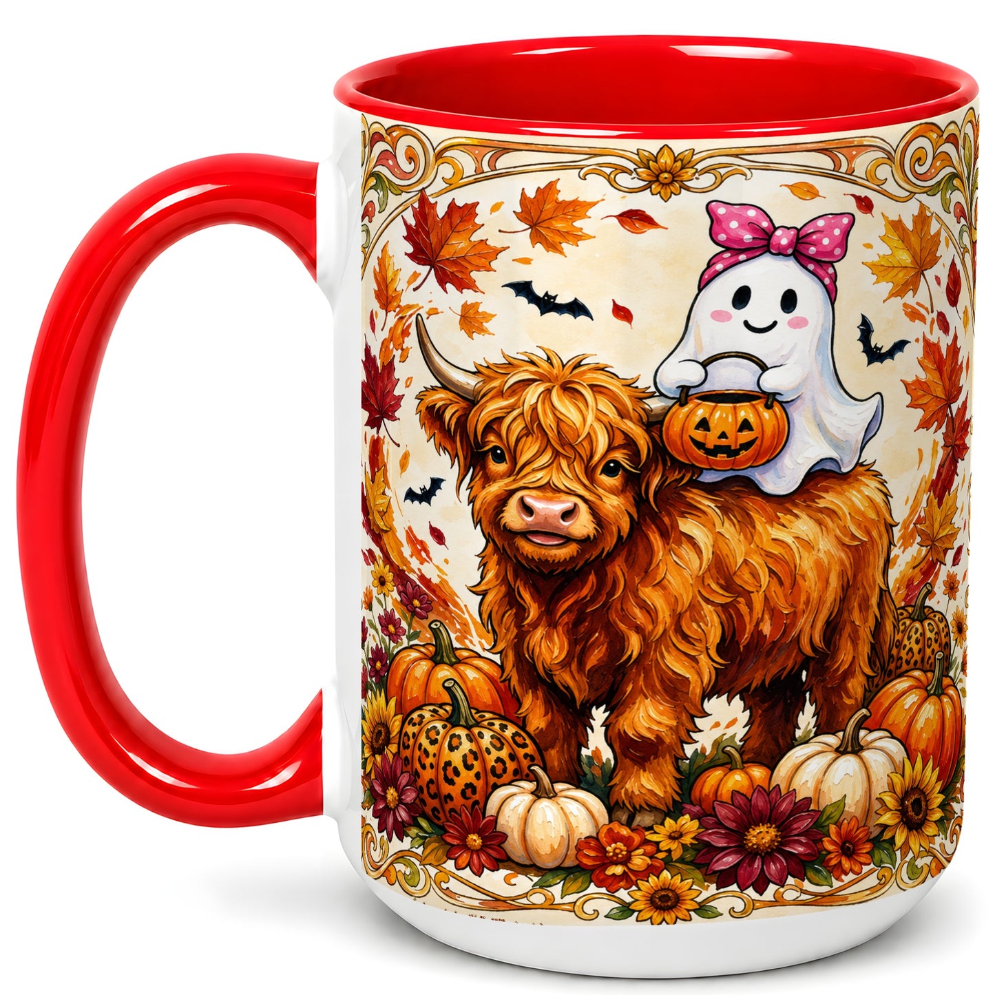 #pl[15oz|Red] Highland Cow Ghost Coffee Mug, Pumpkin Cow Mug, Ceramic Cup