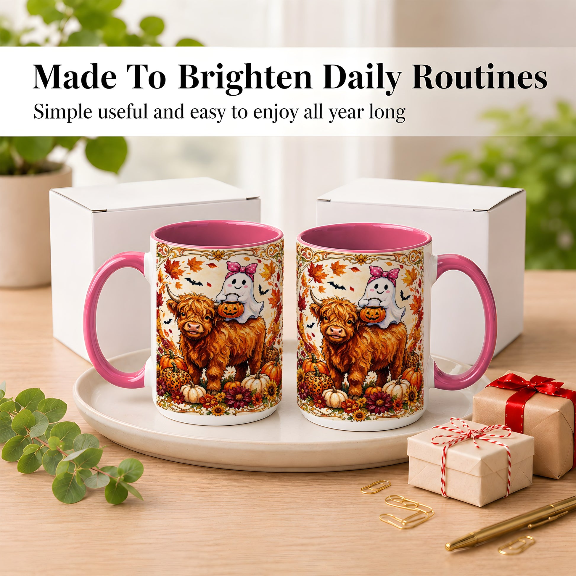 #pl[15oz|Pink] Highland Cow Ghost Coffee Mug, Pumpkin Cow Mug, Ceramic Cup