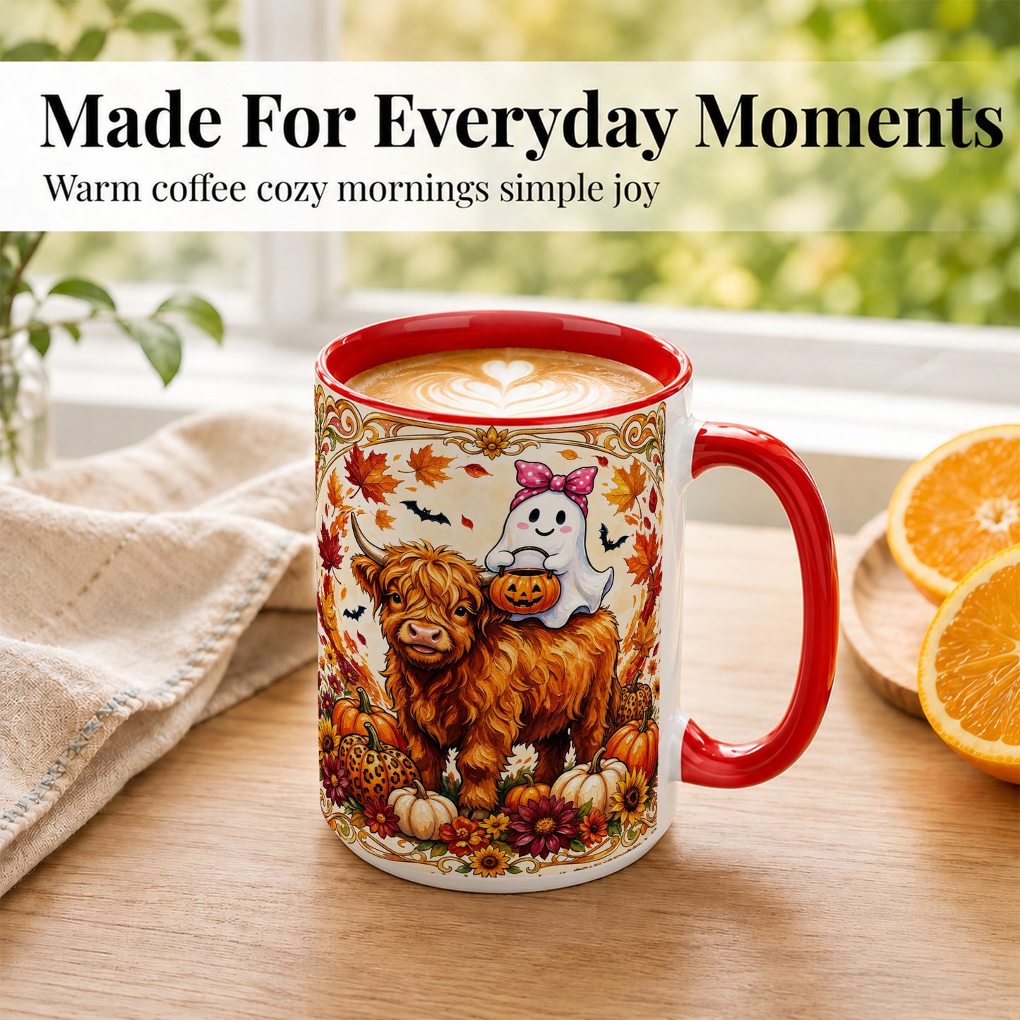 #pl[15oz|Red] Highland Cow Ghost Coffee Mug, Pumpkin Cow Mug, Ceramic Cup