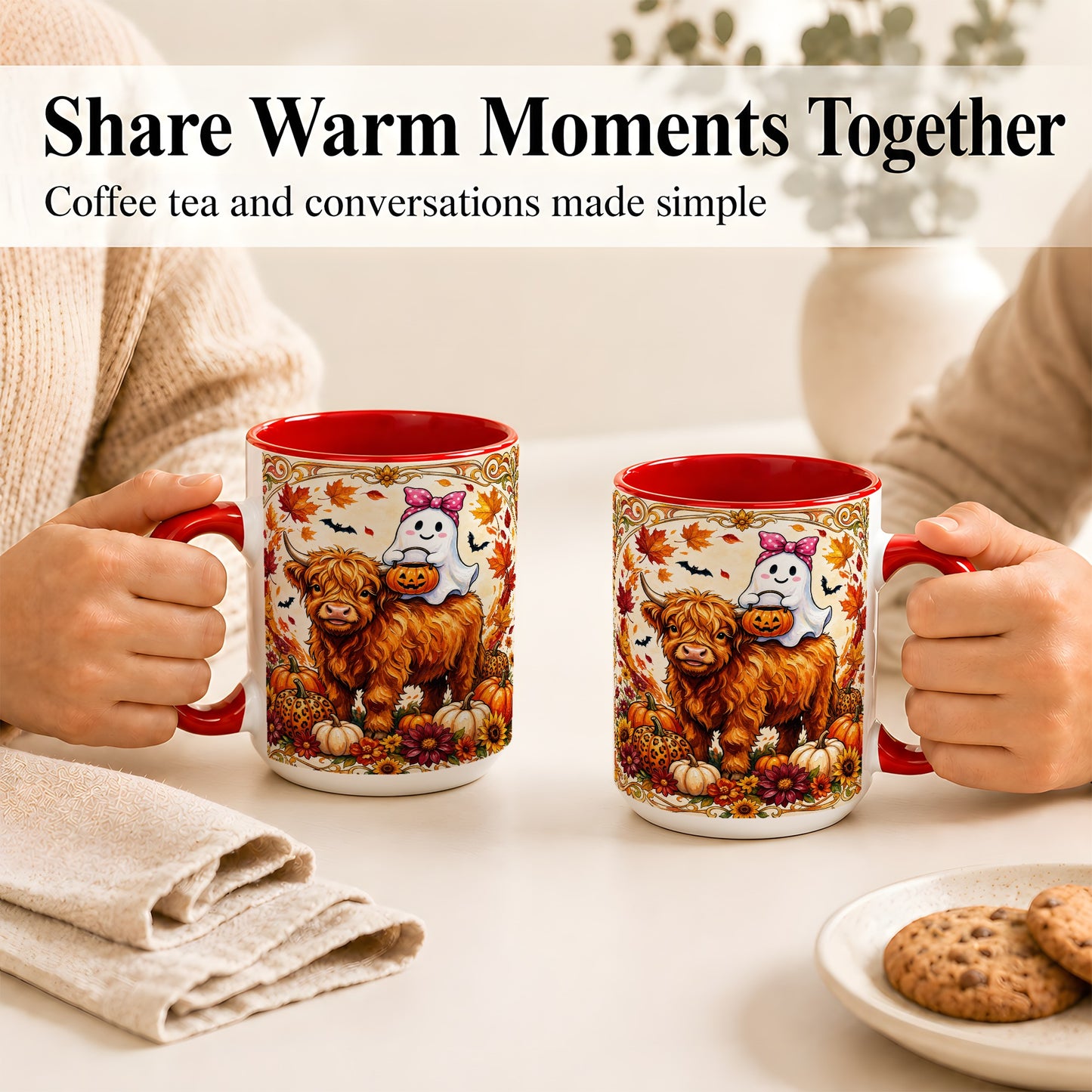 #pl[15oz|Red] Highland Cow Ghost Coffee Mug, Pumpkin Cow Mug, Ceramic Cup