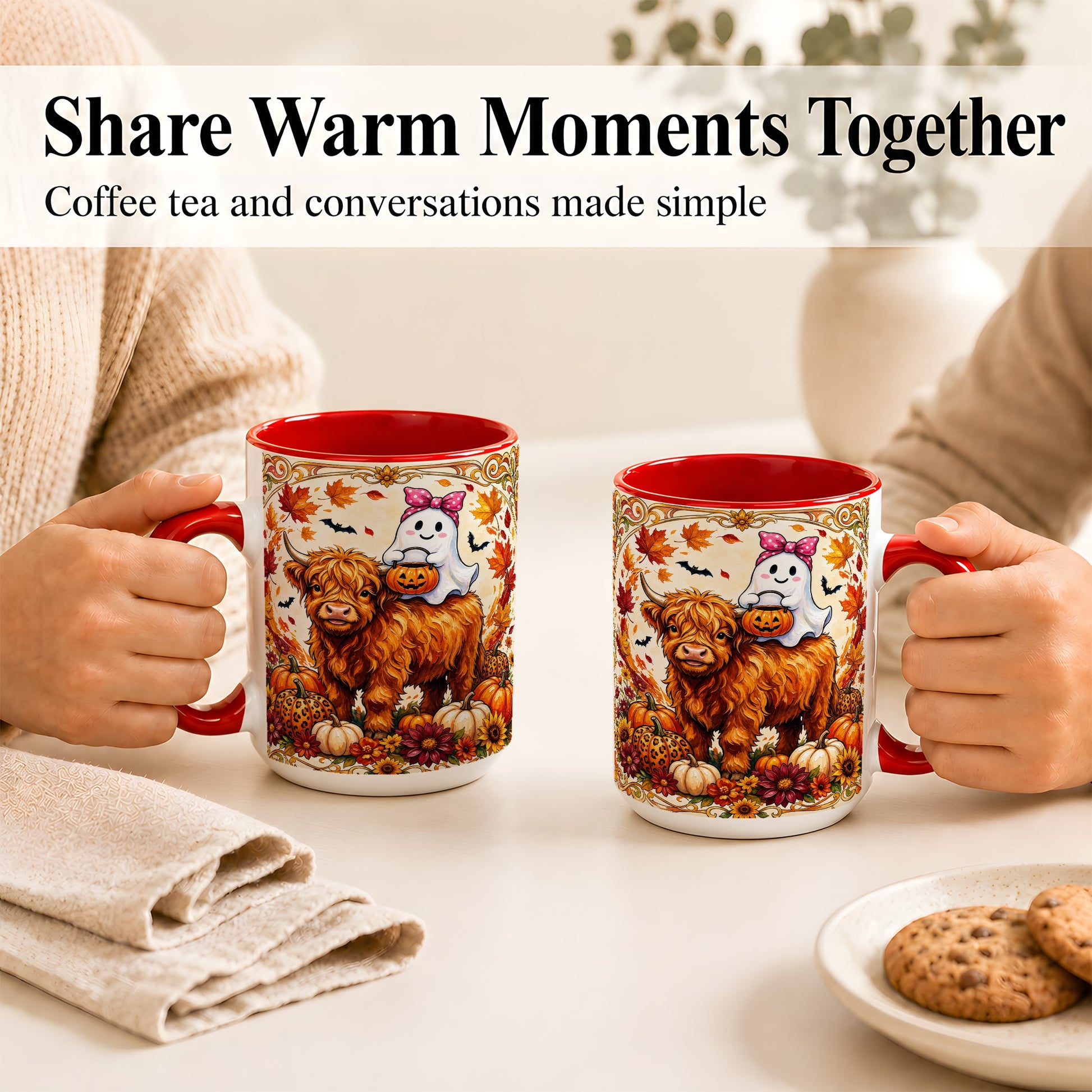 #pl[15oz|Red] Highland Cow Ghost Coffee Mug, Pumpkin Cow Mug, Ceramic Cup