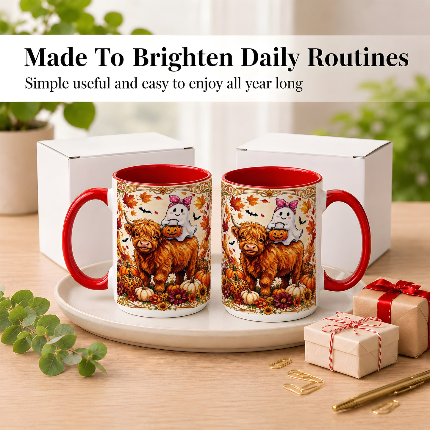 #pl[15oz|Red] Highland Cow Ghost Coffee Mug, Pumpkin Cow Mug, Ceramic Cup
