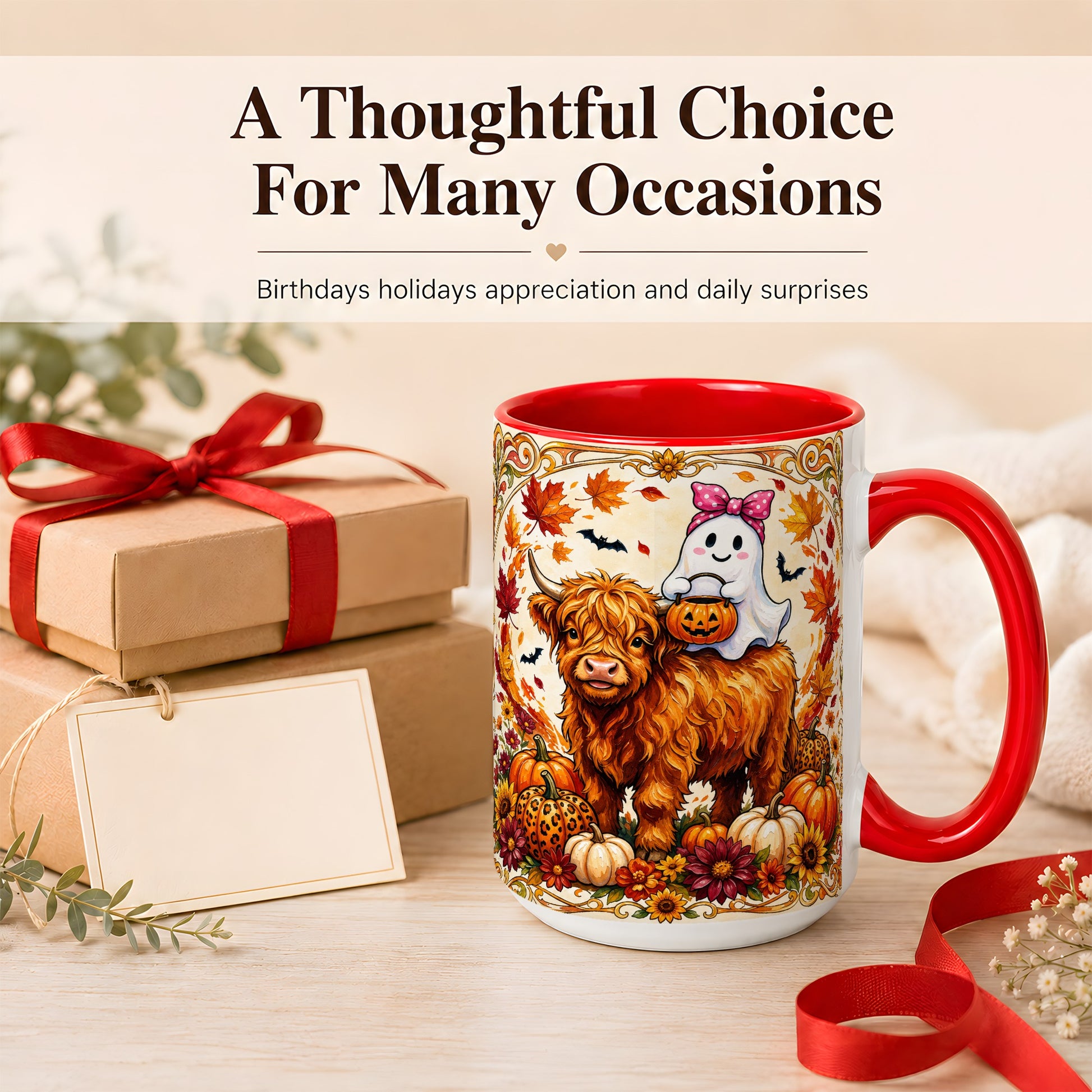 #pl[15oz|Red] Highland Cow Ghost Coffee Mug, Pumpkin Cow Mug, Ceramic Cup