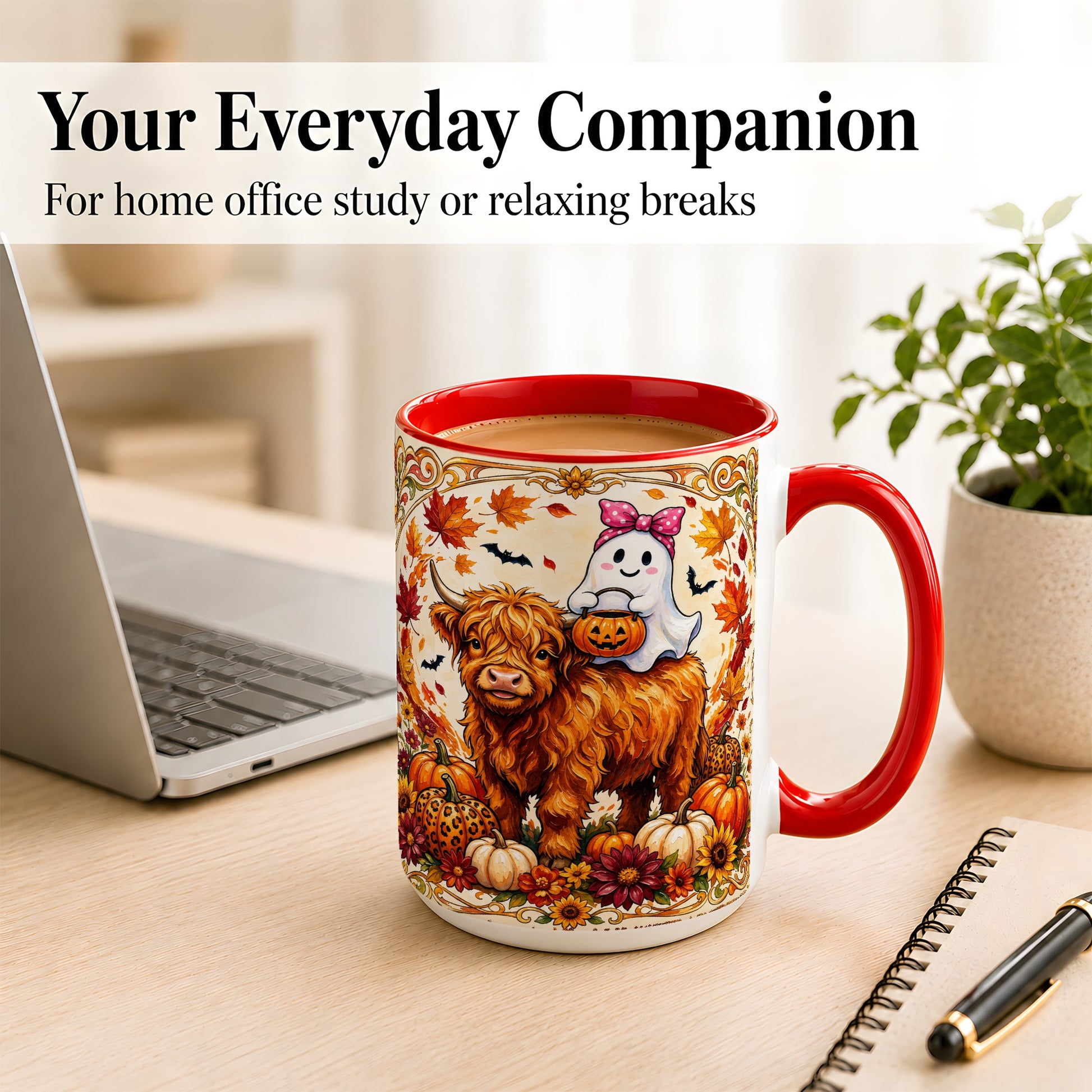 #pl[15oz|Red] Highland Cow Ghost Coffee Mug, Pumpkin Cow Mug, Ceramic Cup