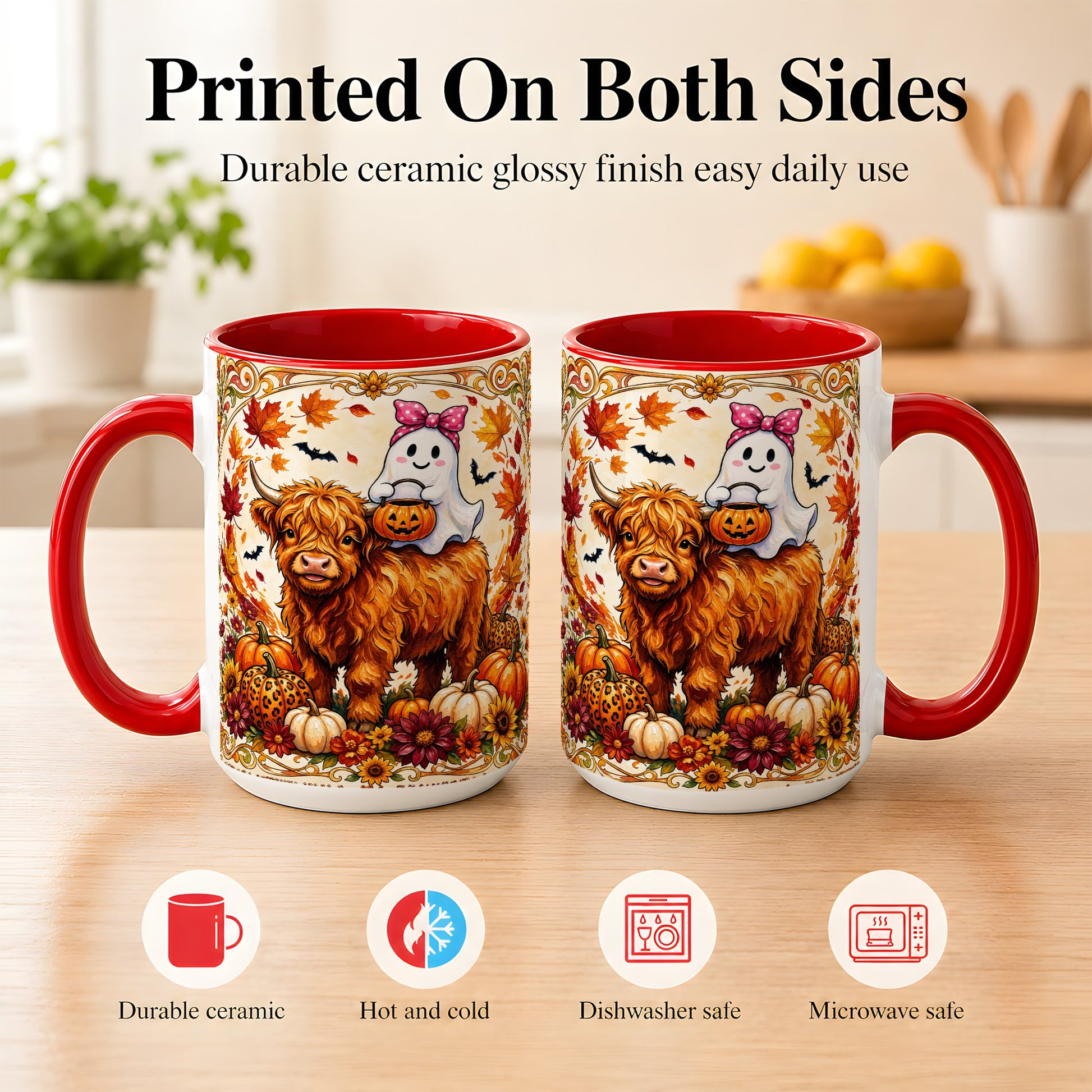 #pl[15oz|Red] Highland Cow Ghost Coffee Mug, Pumpkin Cow Mug, Ceramic Cup
