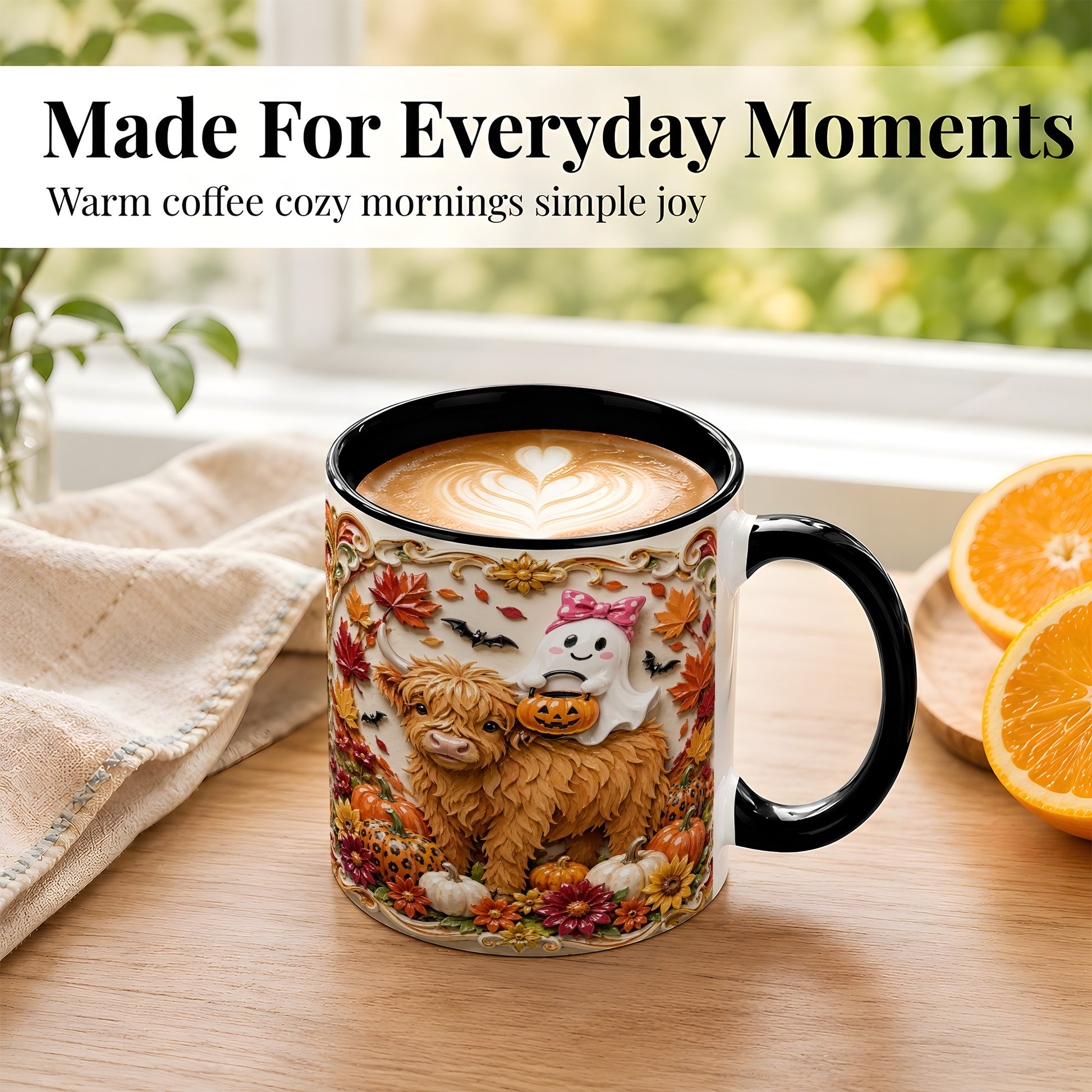 #pl[11oz|Black] Highland Cow Ghost Coffee Mug, Autumn Pumpkin Mug, Ceramic Cup