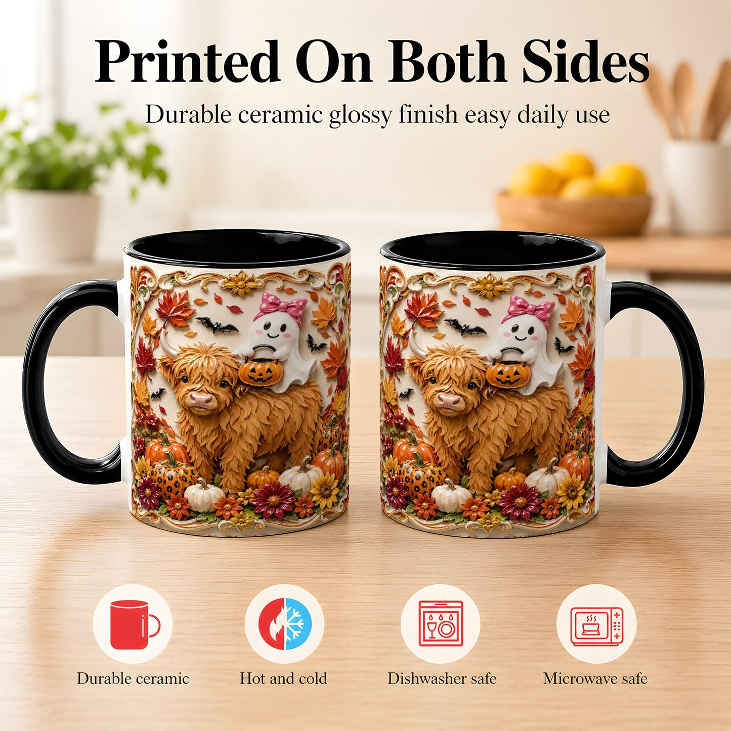 #pl[11oz|Black] Highland Cow Ghost Coffee Mug, Autumn Pumpkin Mug, Ceramic Cup