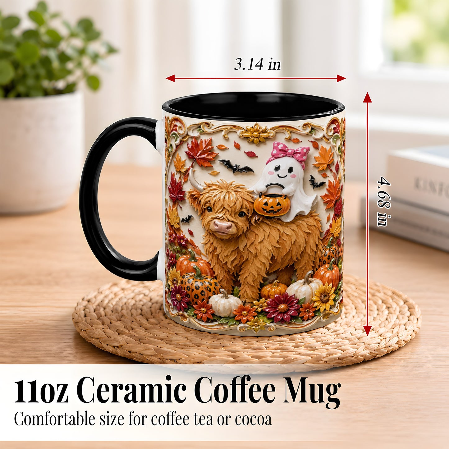 #pl[11oz|Black] Highland Cow Ghost Coffee Mug, Autumn Pumpkin Mug, Ceramic Cup