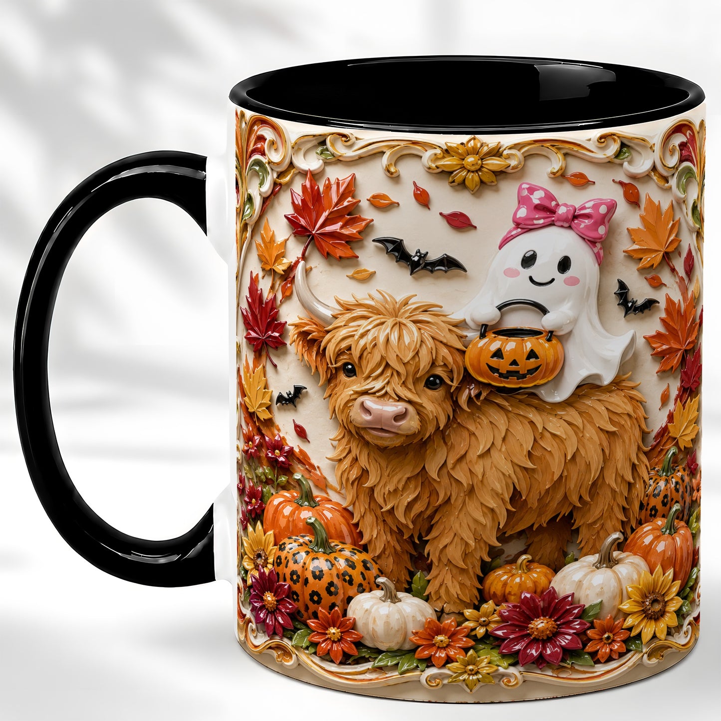 #pl[11oz|Black] Highland Cow Ghost Coffee Mug, Autumn Pumpkin Mug, Ceramic Cup
