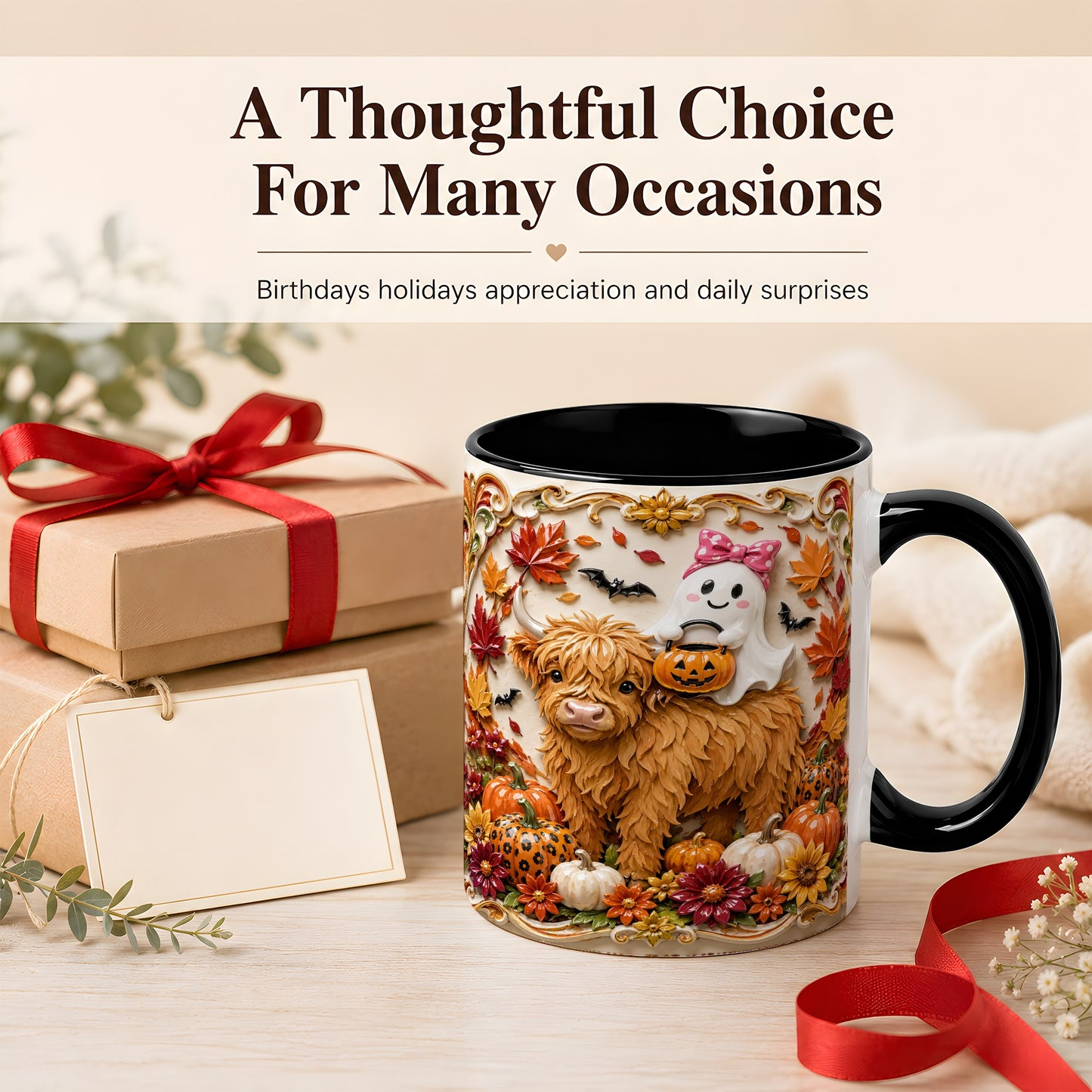 #pl[11oz|Black] Highland Cow Ghost Coffee Mug, Autumn Pumpkin Mug, Ceramic Cup