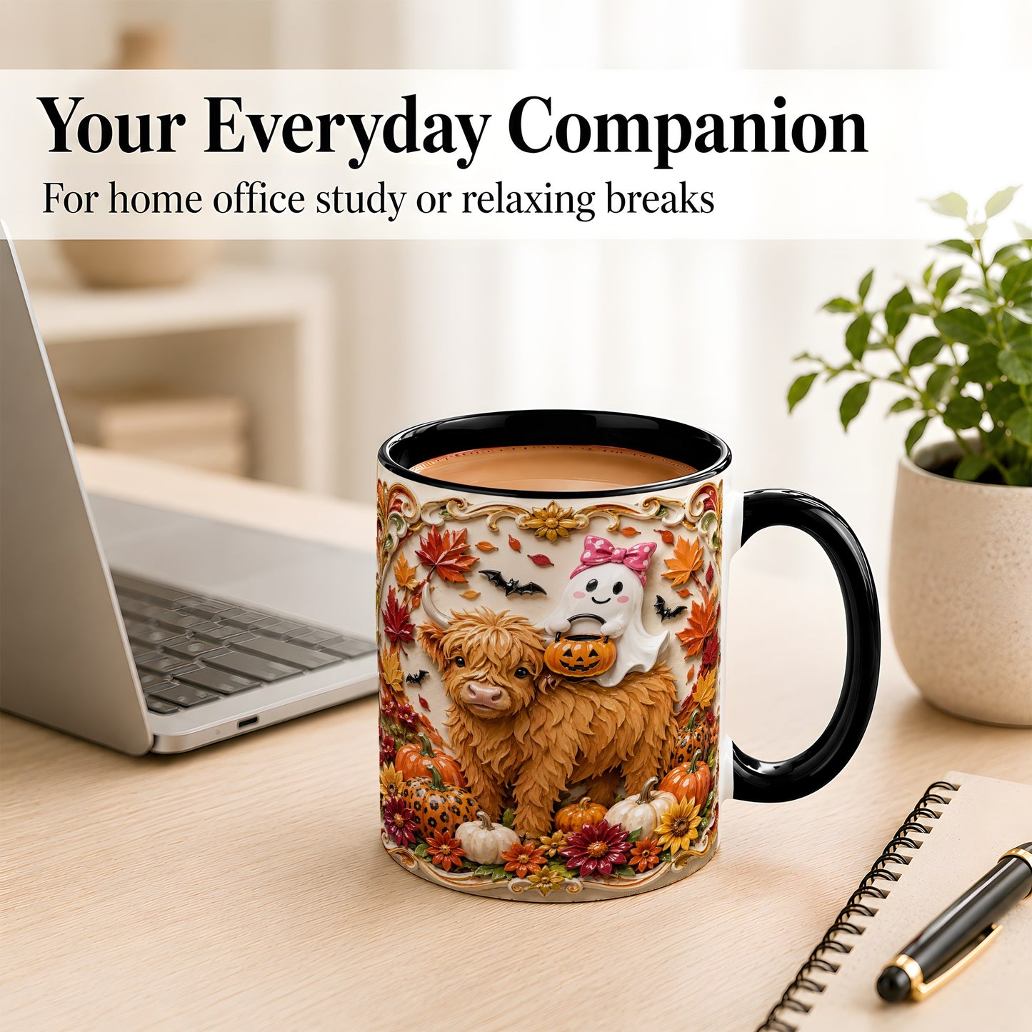 #pl[11oz|Black] Highland Cow Ghost Coffee Mug, Autumn Pumpkin Mug, Ceramic Cup