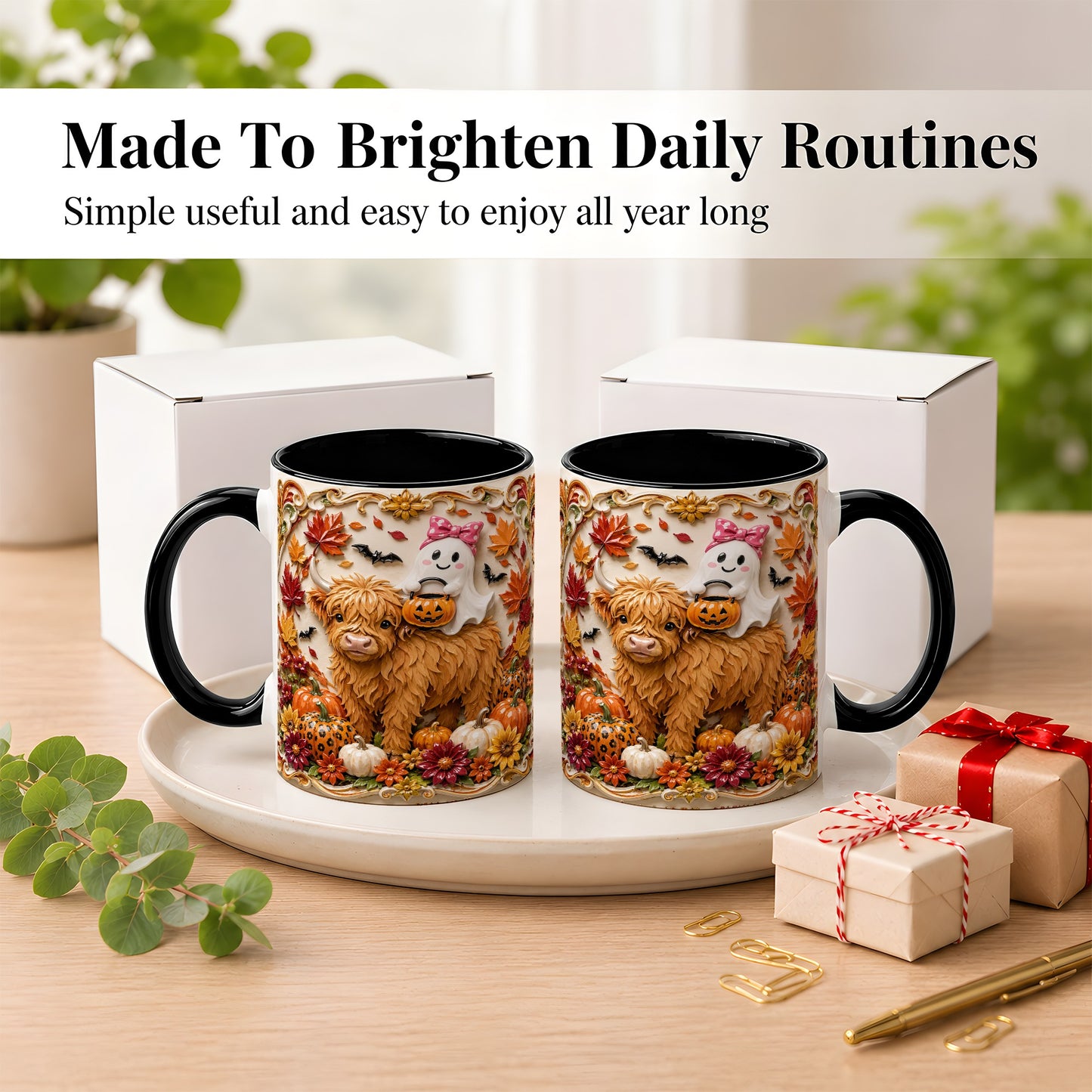 #pl[11oz|Black] Highland Cow Ghost Coffee Mug, Autumn Pumpkin Mug, Ceramic Cup