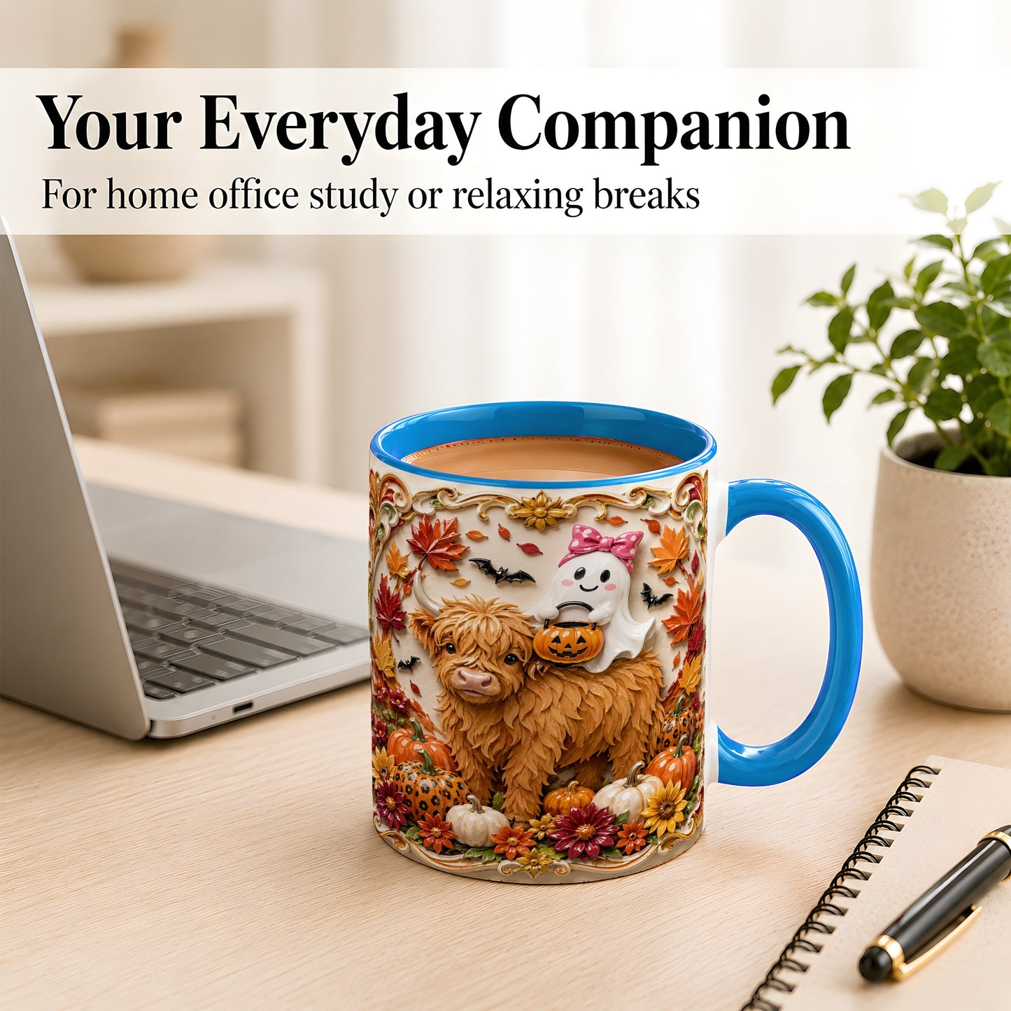 #pl[11oz|Blue] Highland Cow Ghost Coffee Mug, Autumn Pumpkin Mug, Ceramic Cup