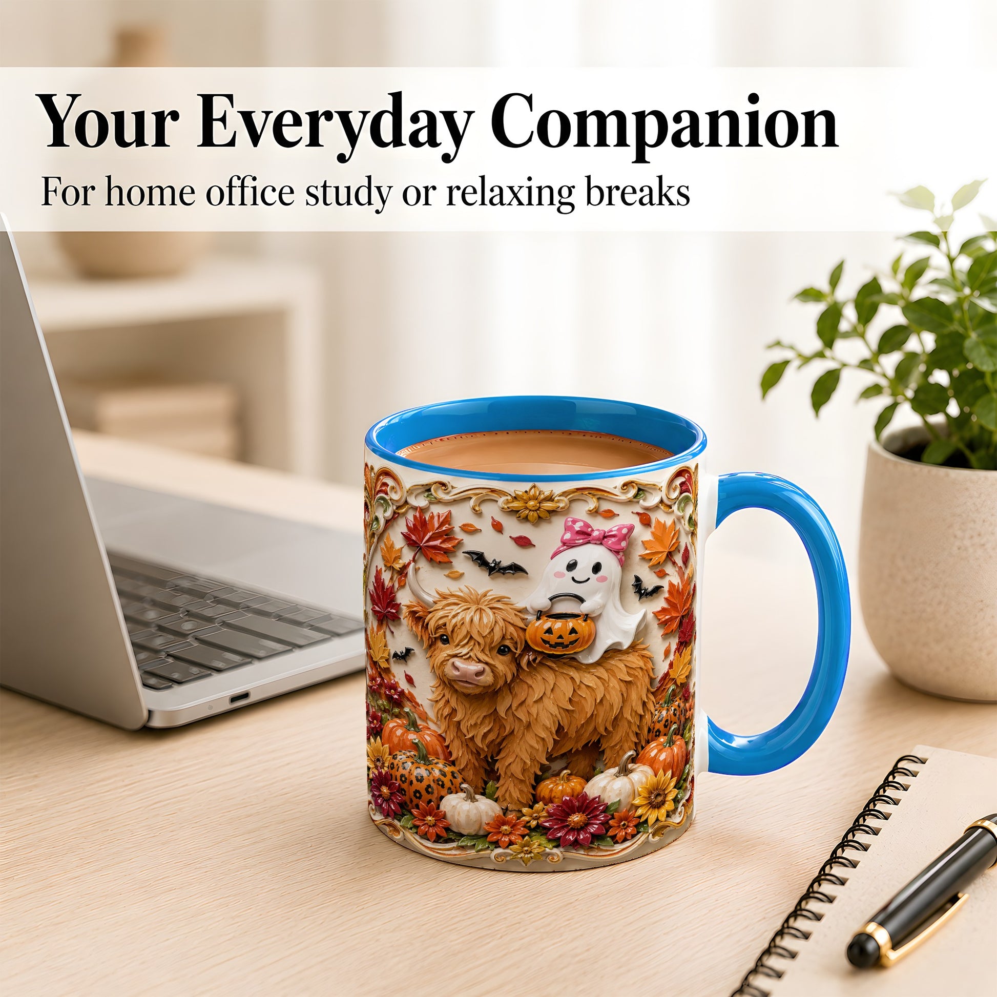 #pl[11oz|Blue] Highland Cow Ghost Coffee Mug, Autumn Pumpkin Mug, Ceramic Cup