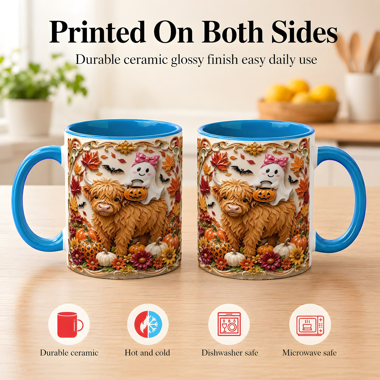 #pl[11oz|Blue] Highland Cow Ghost Coffee Mug, Autumn Pumpkin Mug, Ceramic Cup